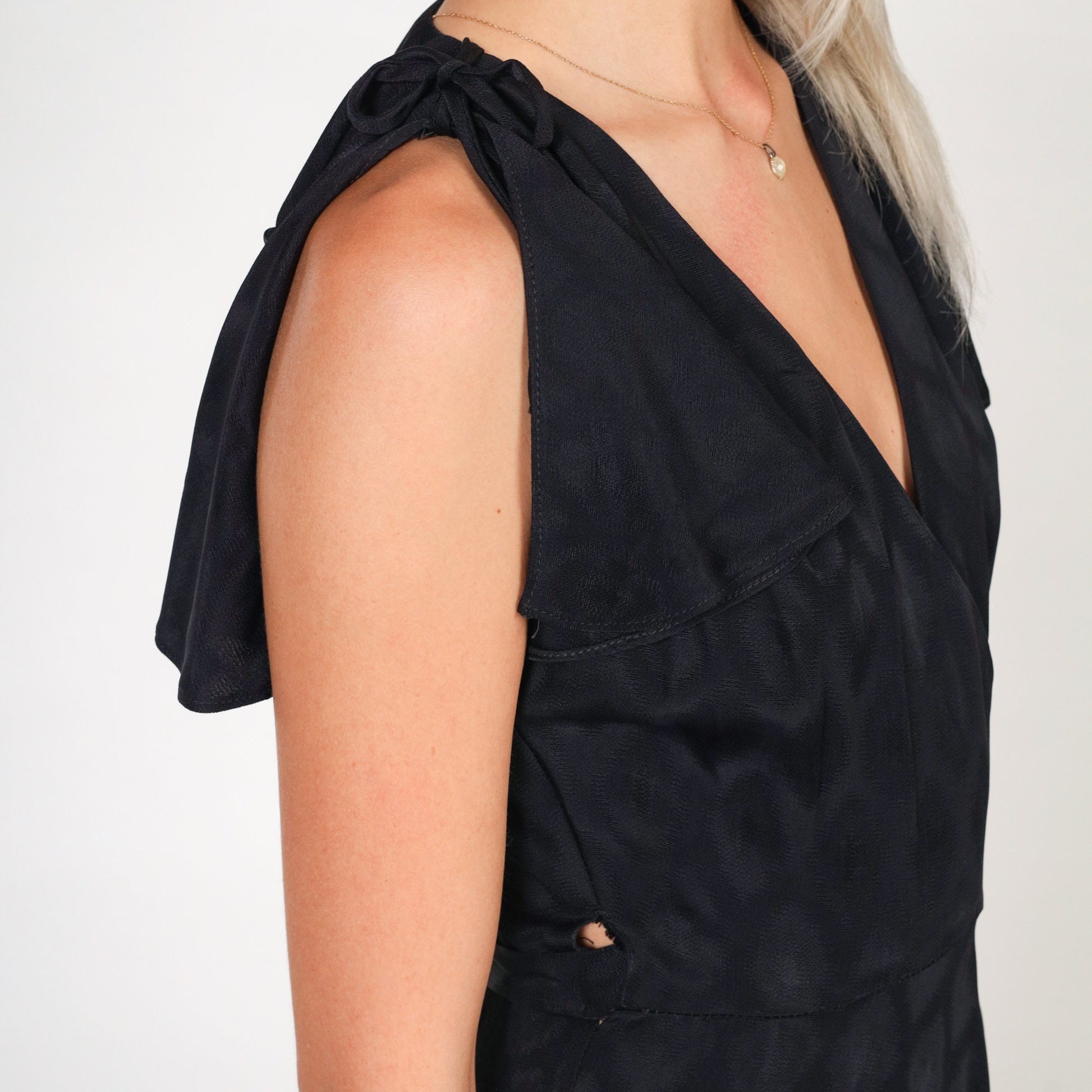 70s Black Grecian Maxi Dress Flutter Sleeve Wrap Deep V Embossed Geometric Extra Small