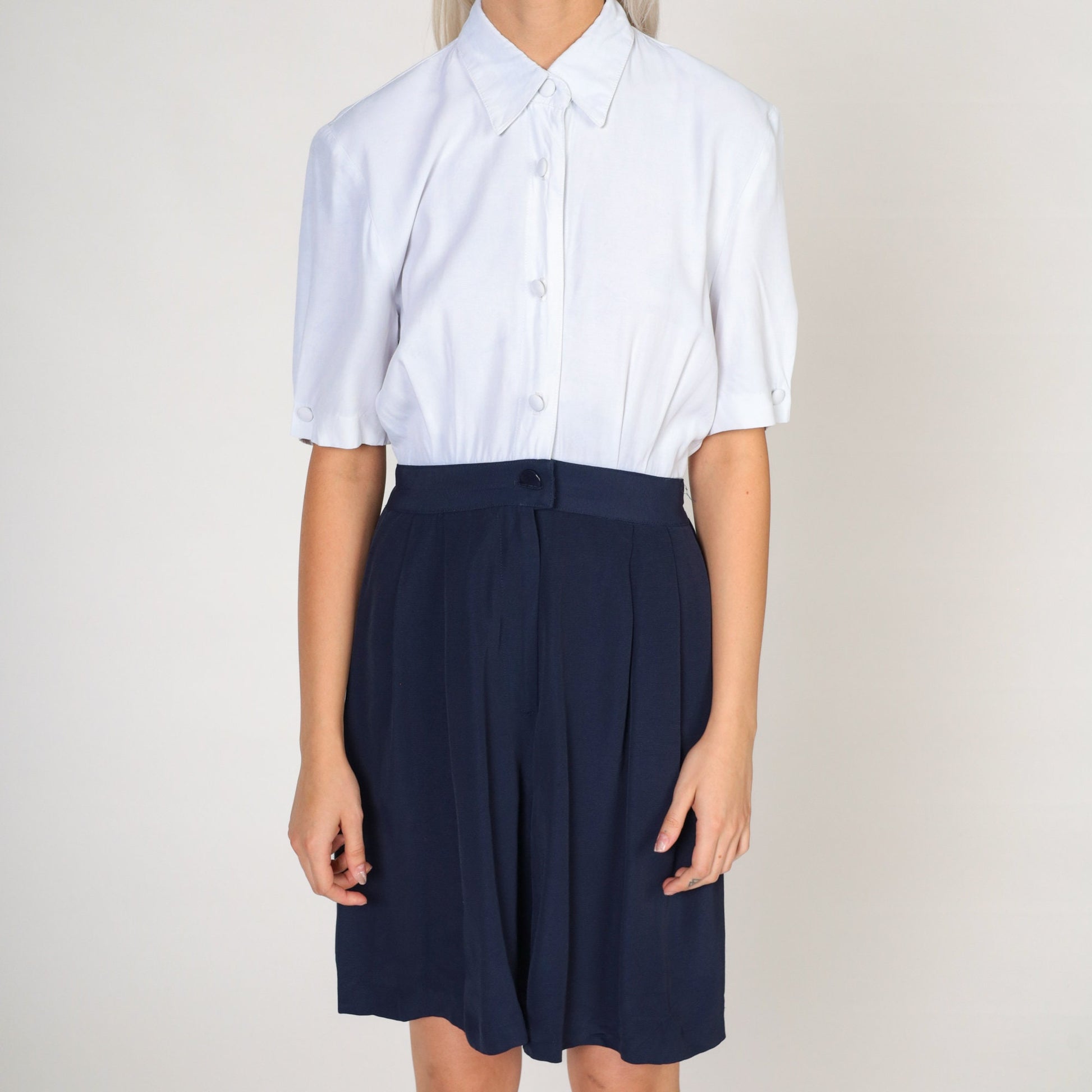 80s Navy White Collared Romper High Waist Button Front Pockets Small