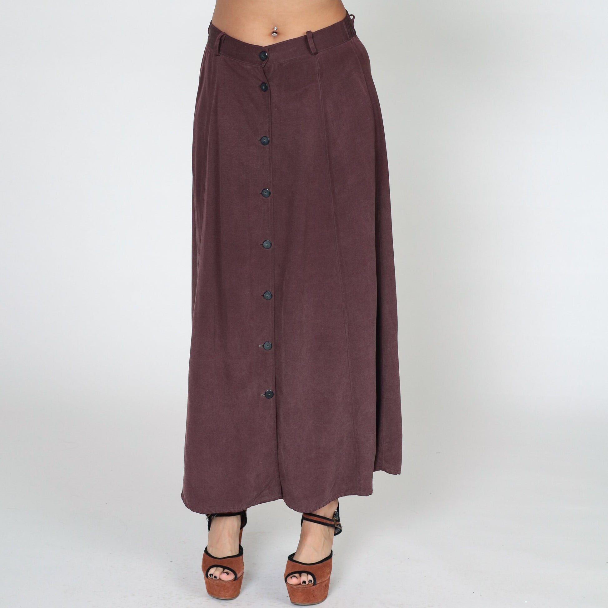 90s Dark Burgundy Silk Maxi Skirt Button-Up Front Small S