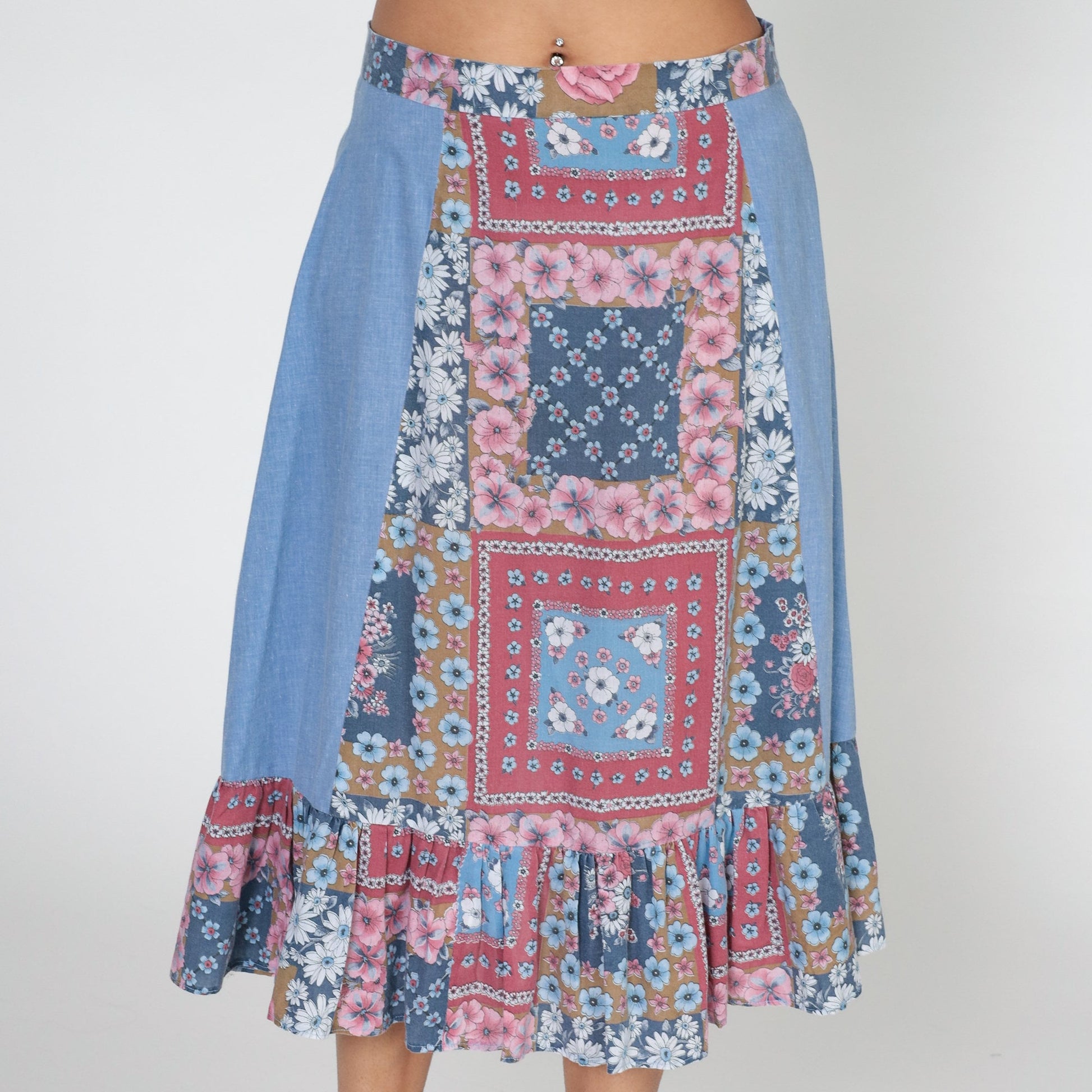 70s Patchwork Floral Midi Skirt Blue High Waist Tiered Ruffled Medium