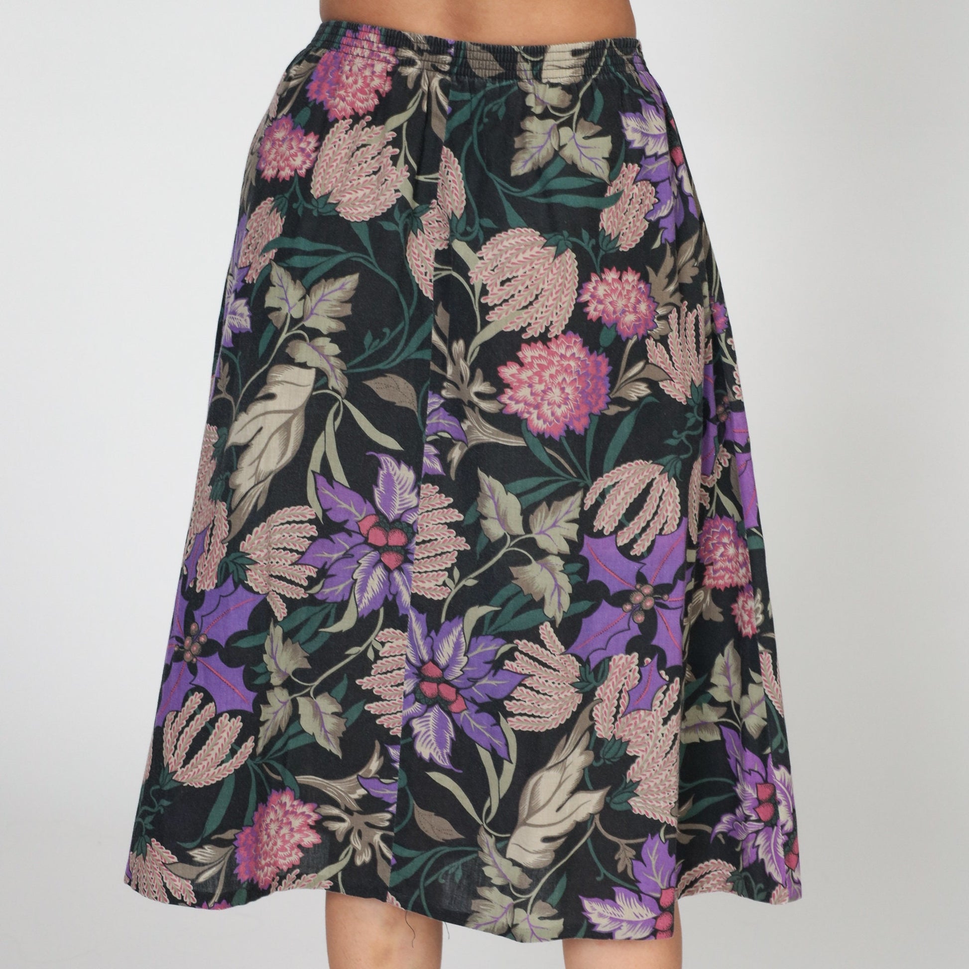 80s Black Floral Midi Skirt High Waist Purple Dahlia Print Small