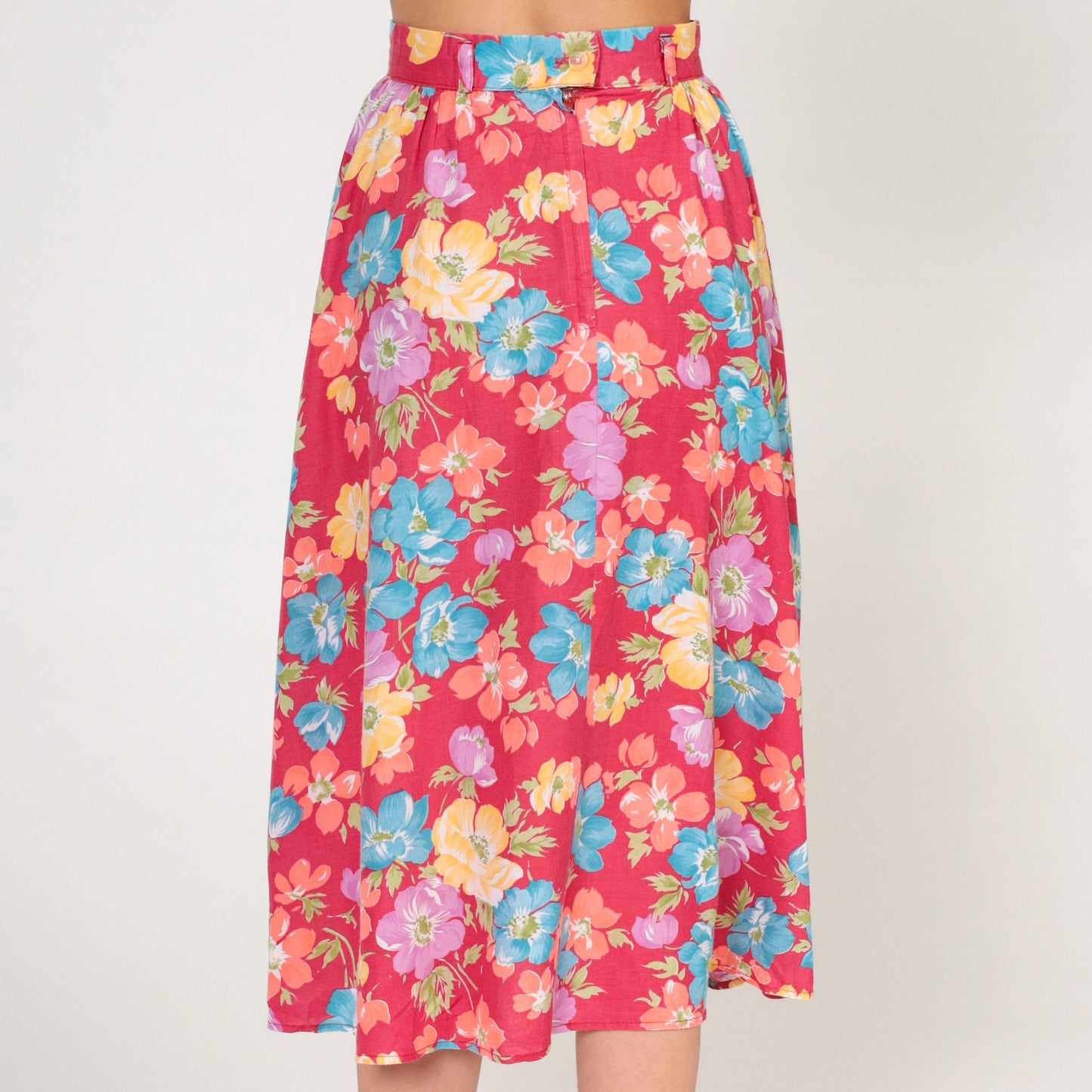 80s Byer California Floral Midi Skirt Red High-Waist Cotton Blend Extra Small