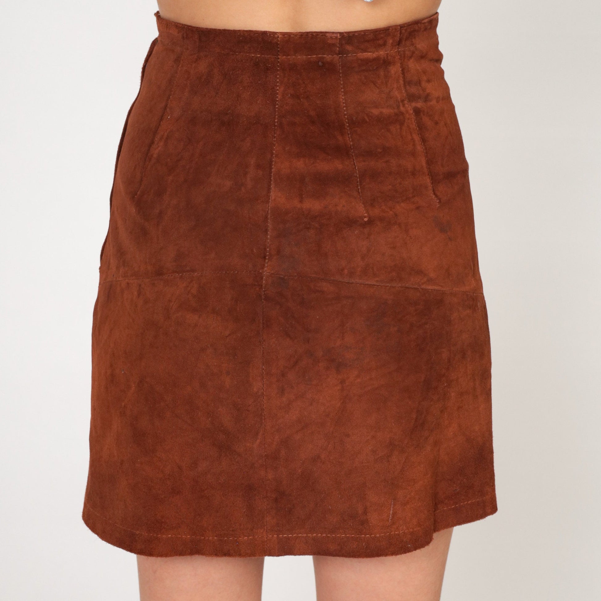 80s Brown Suede Mini Skirt High Waist Lace Up Pencil Cut Extra Small