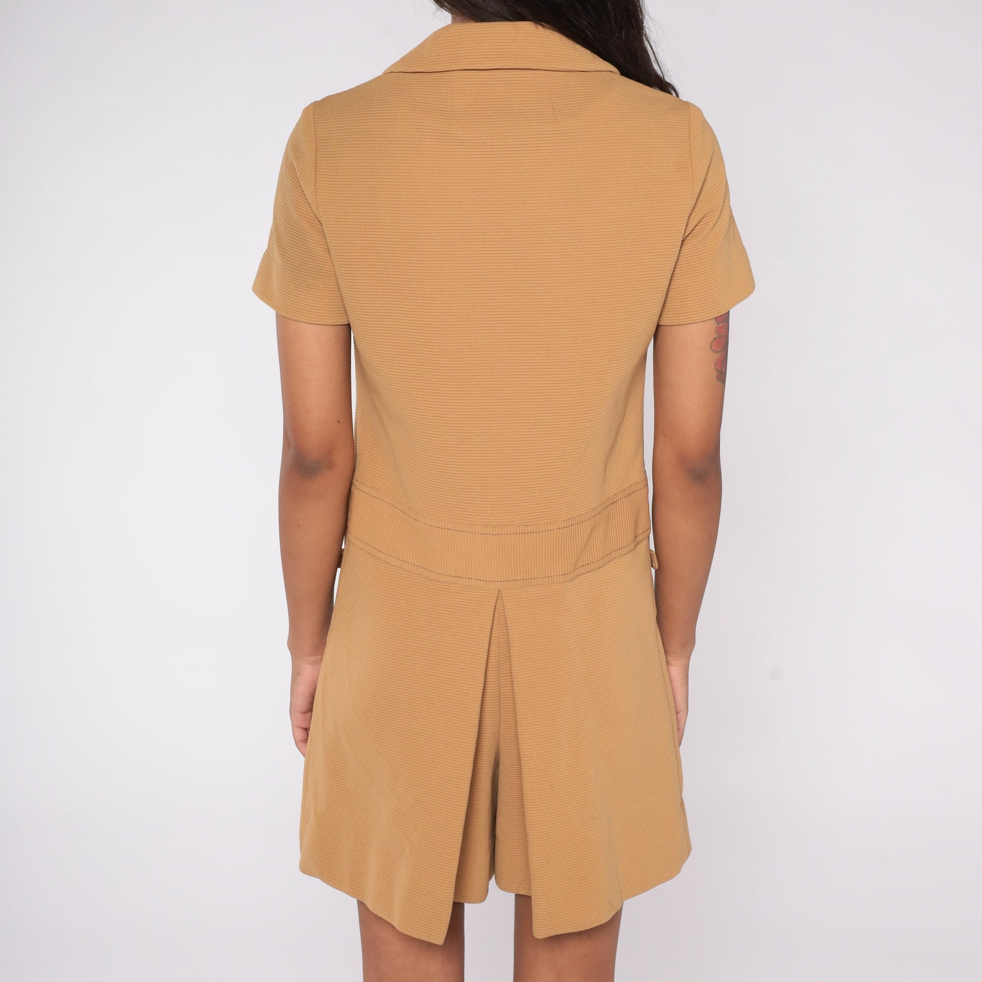 60s Mod Tan Shift Mini Dress with Built-In Shorts Medium