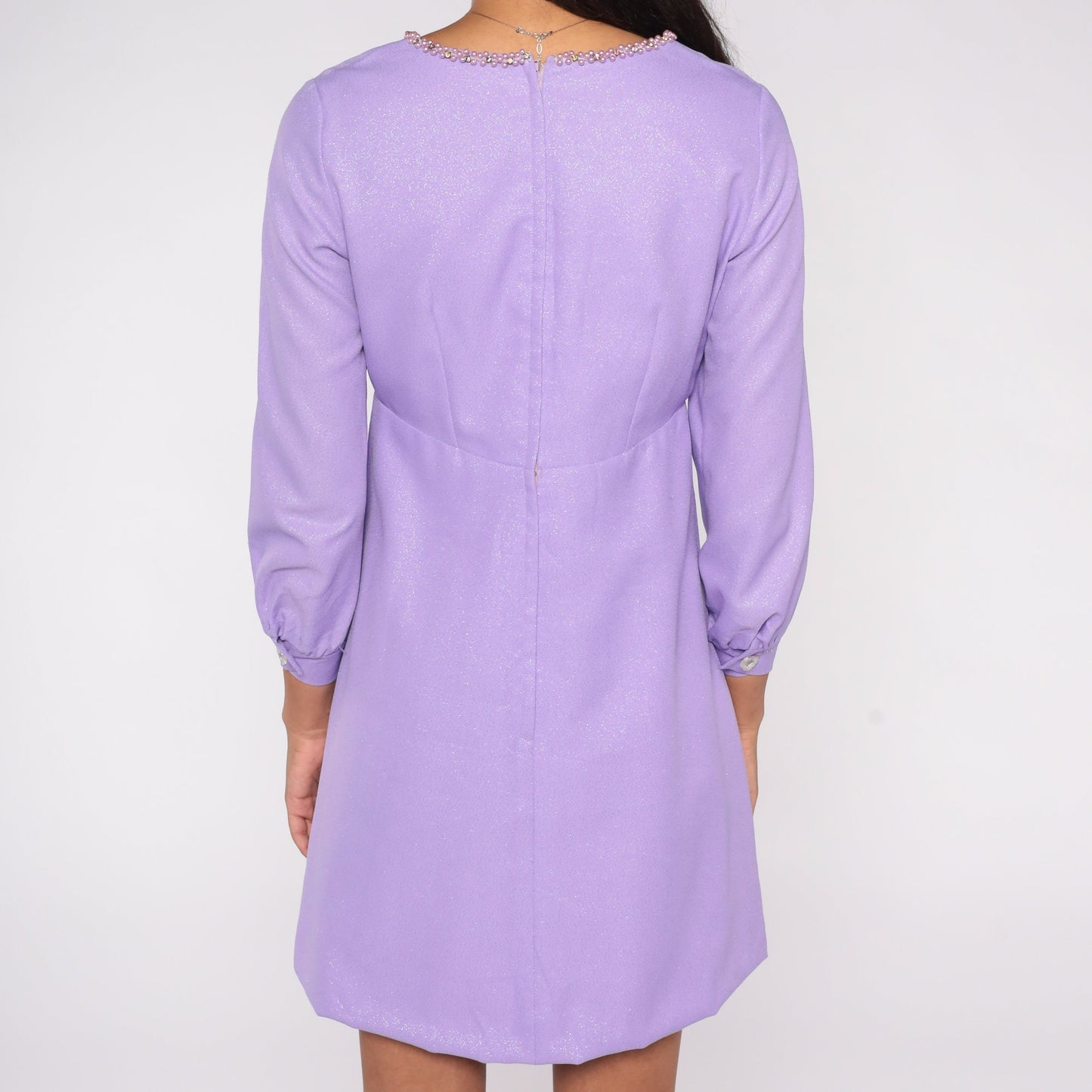 70s Metallic Purple Mini Dress Beaded Empire Waist Long Sleeve Small