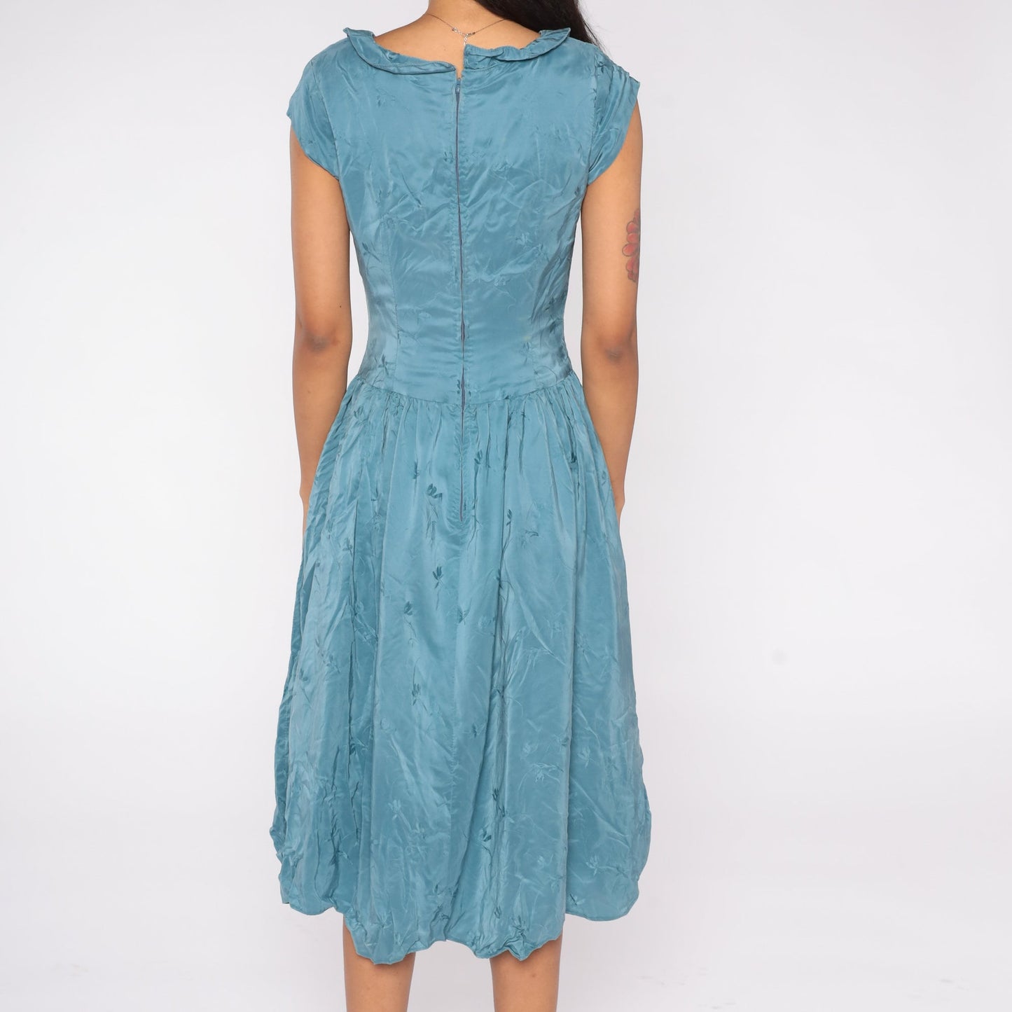 70s Blue Floral Mini Dress Silk Cap Sleeve Low Waist Peter Pan Collar Extra Small