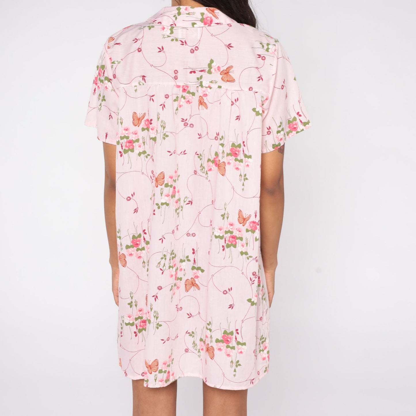 70s Baby Pink Butterfly Floral Mini Dress Snap Button Short Sleeve Medium Large