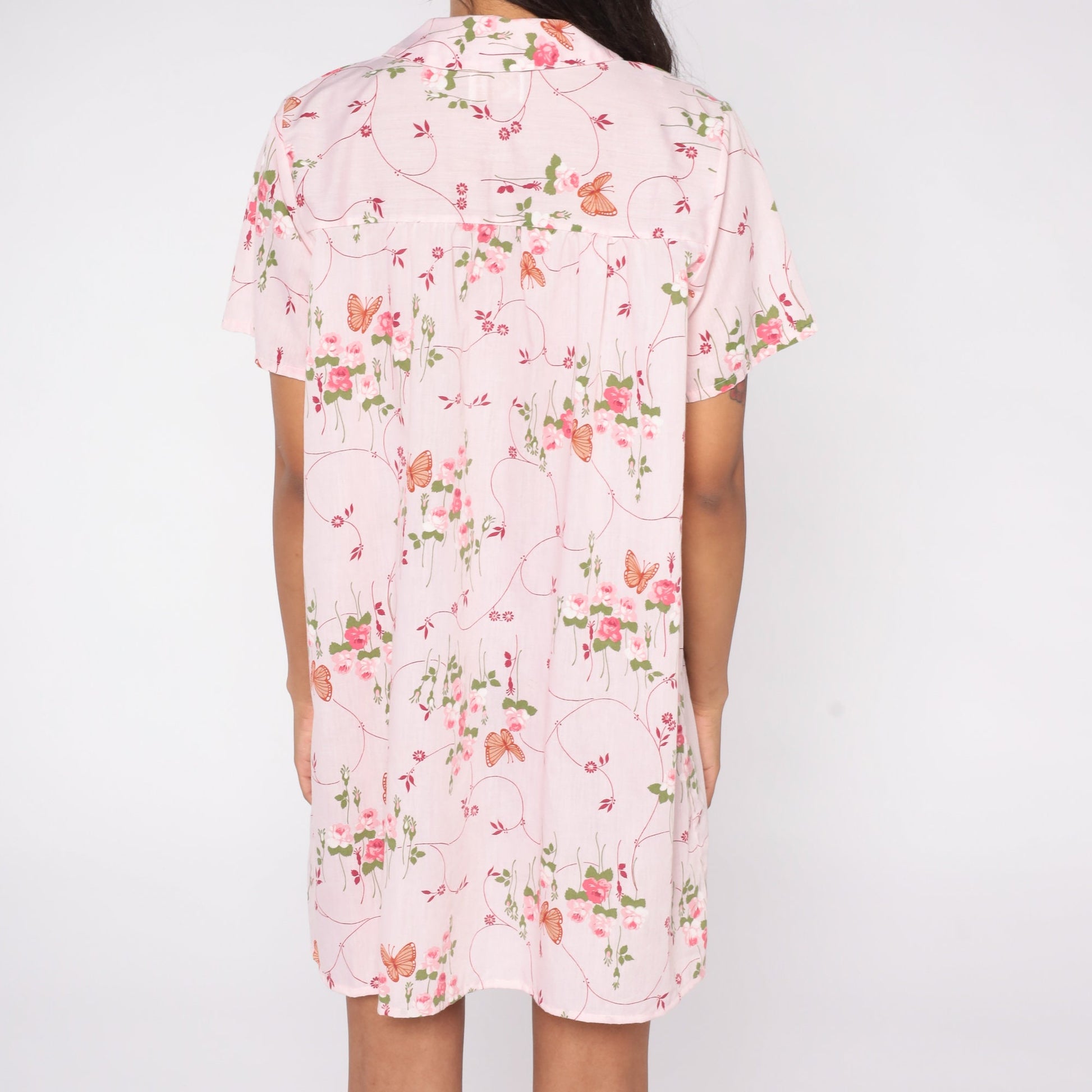 70s Baby Pink Butterfly Floral Mini Dress Snap Button Short Sleeve Medium Large