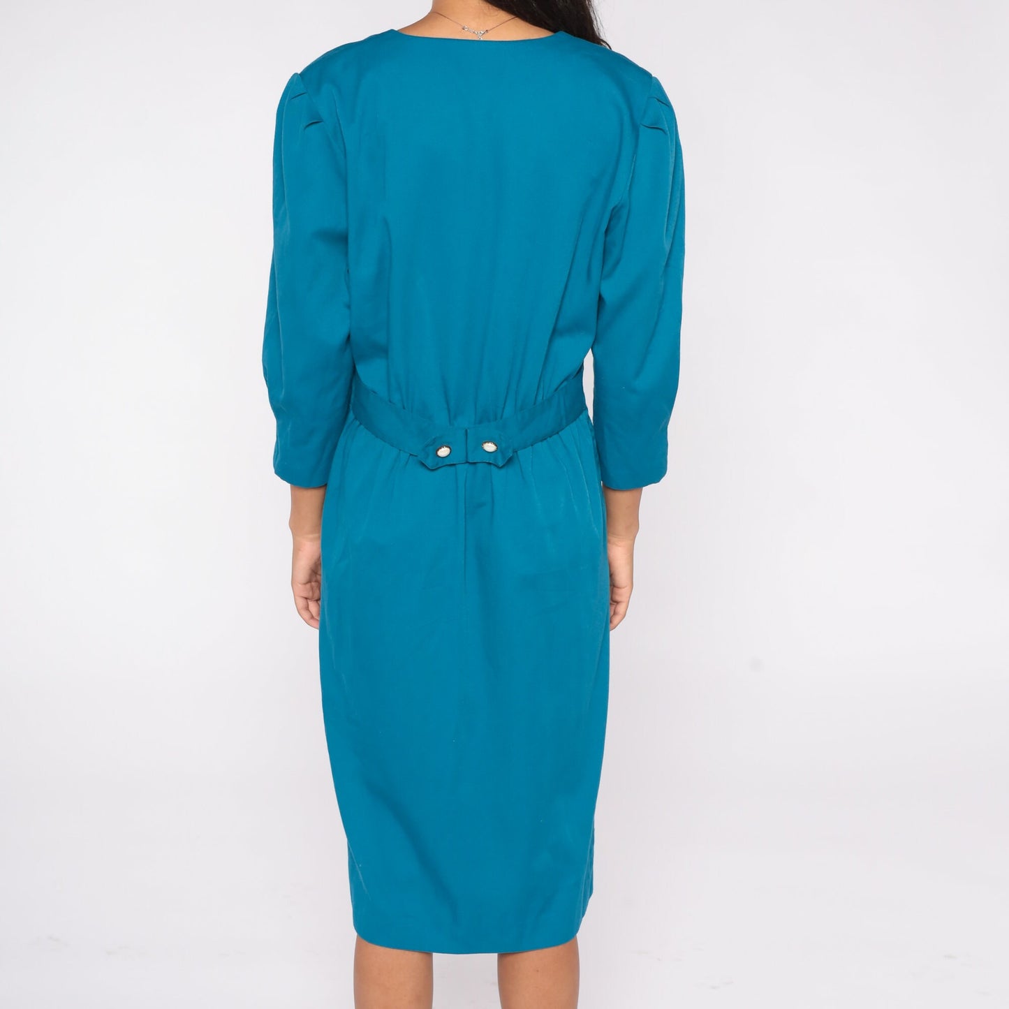 80s Stuart Alan Blue Midi Shift Dress Double Breasted Puff Sleeve Medium