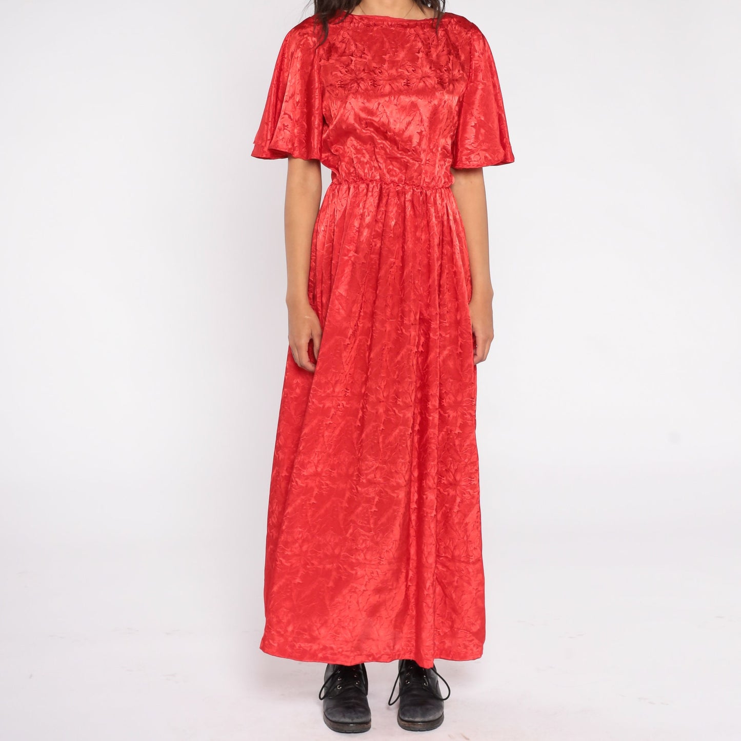 70s Red Maxi Dress Flutter Sleeve Embossed Tropical Floral High Waist Small