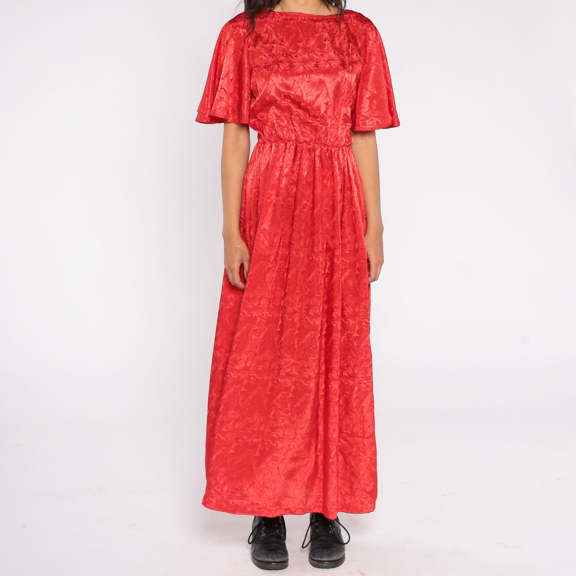 70s Red Maxi Dress Flutter Sleeve Embossed Tropical Floral High Waist Small