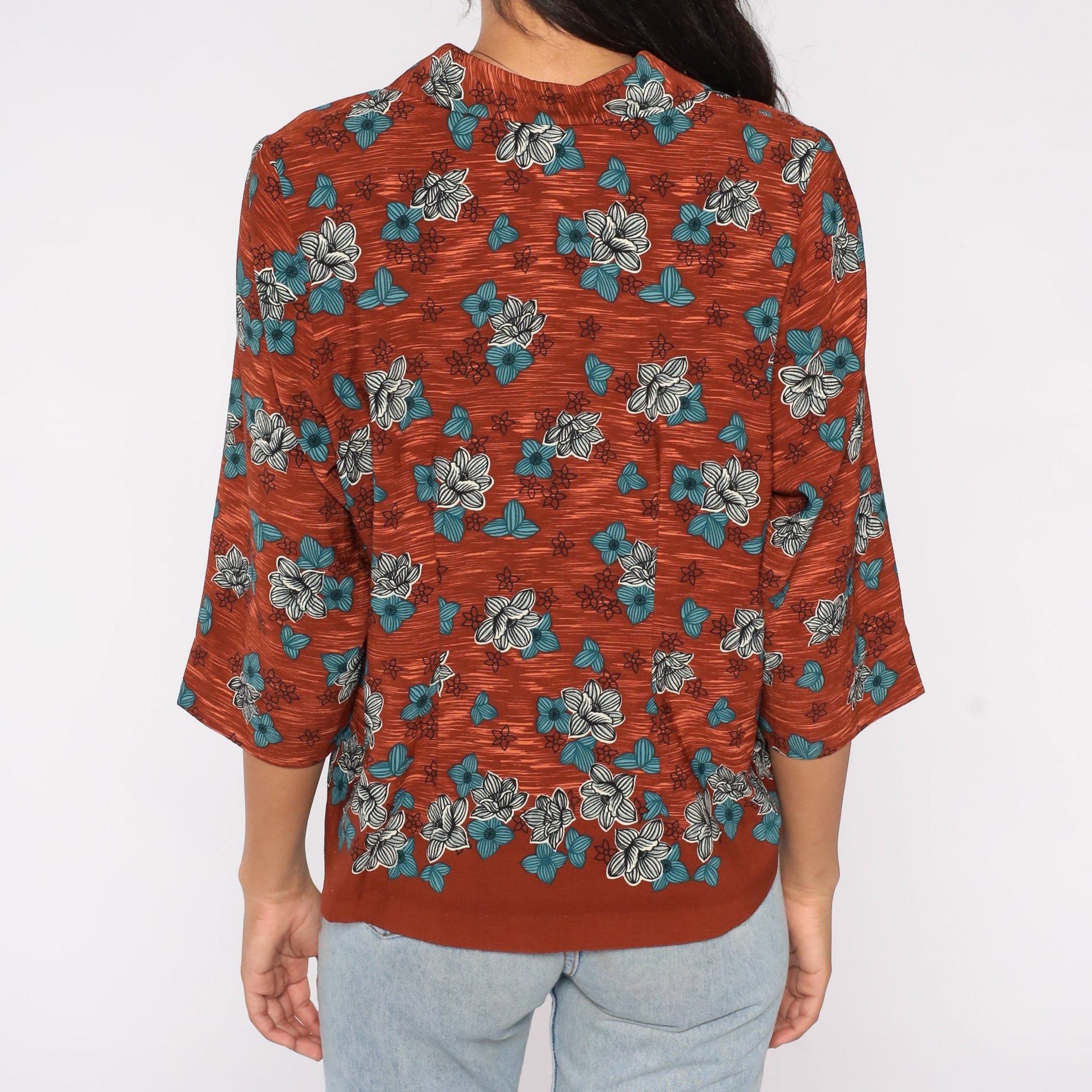 80s Floral Button-Up Blouse Brown Burnt Orange Flower Print 3/4 Sleeve Medium