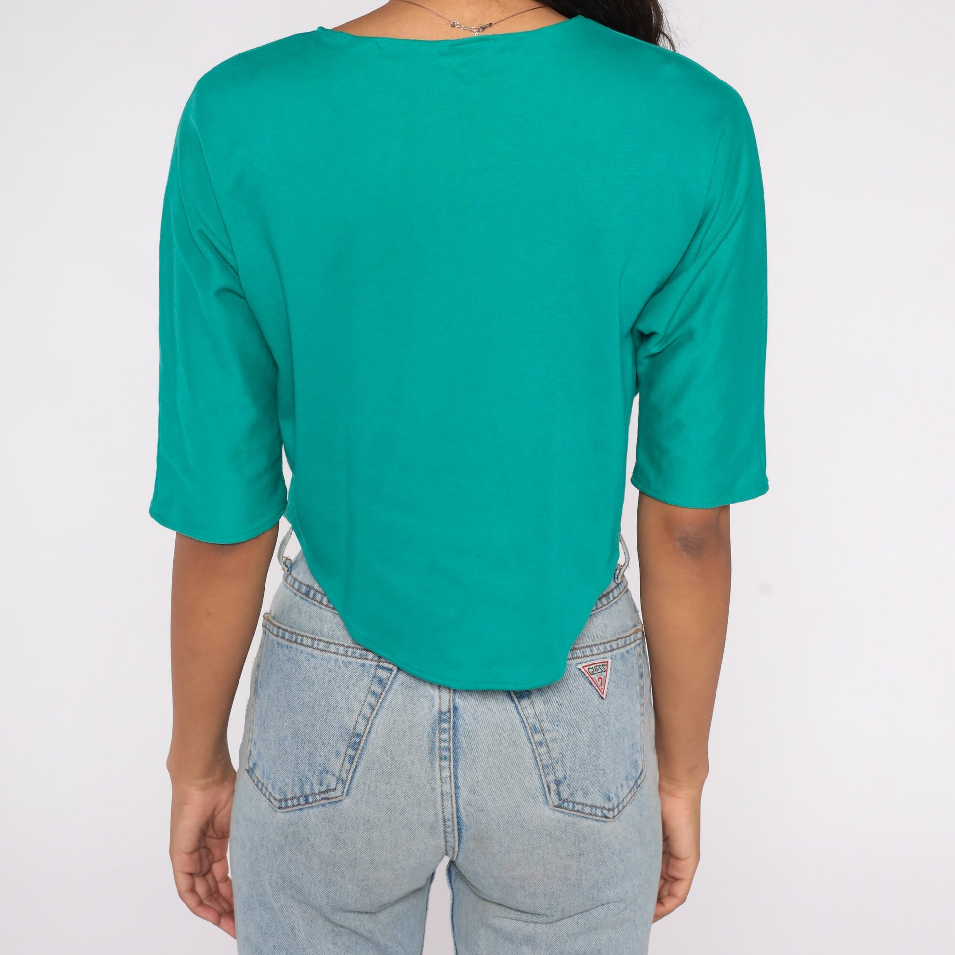 80s Teal Button-Up Crop Top Blouse Short Sleeve High Side Slit Medium Large
