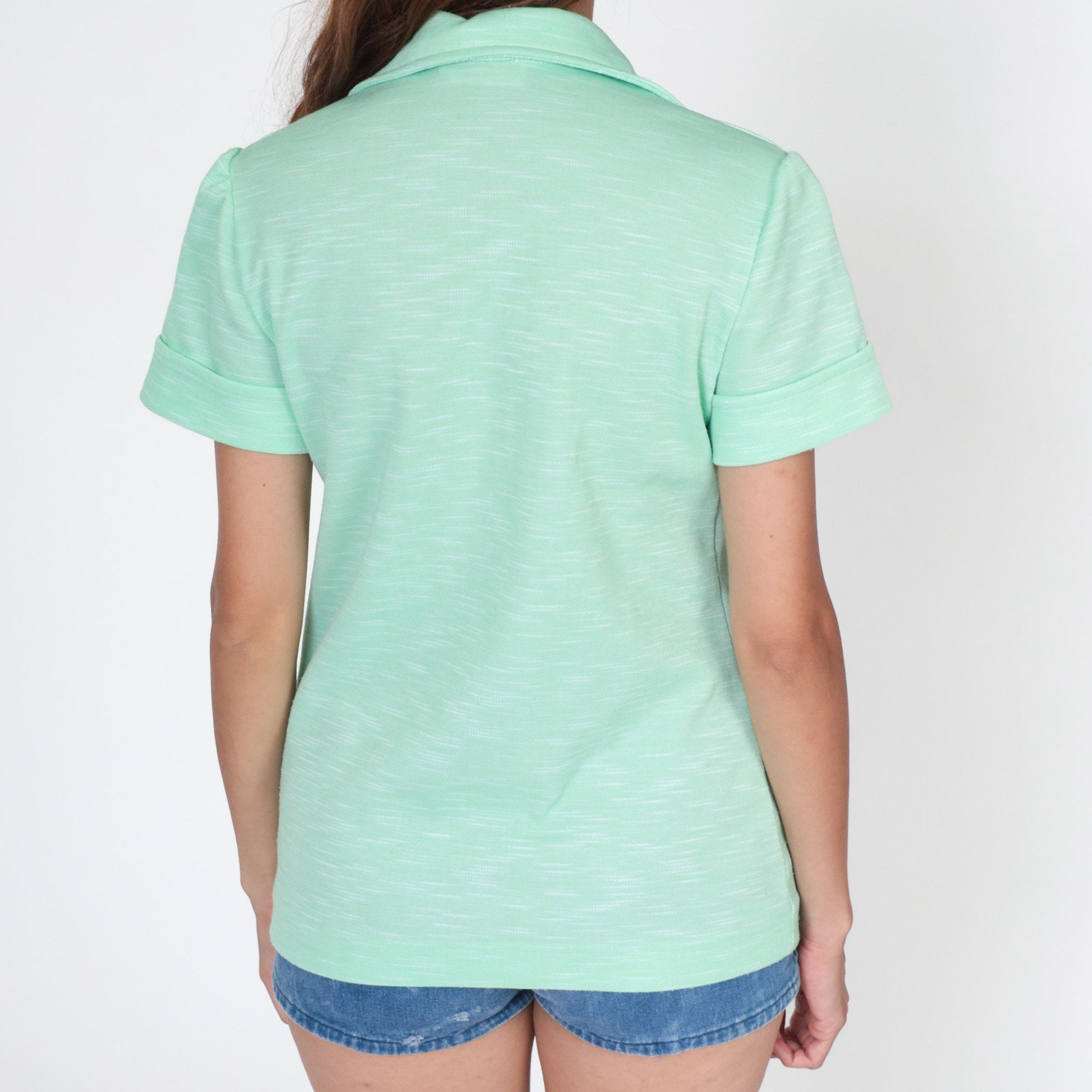 70s Mint Green Western Yoke Button-Up Shirt Dagger Collar Short Sleeve Small