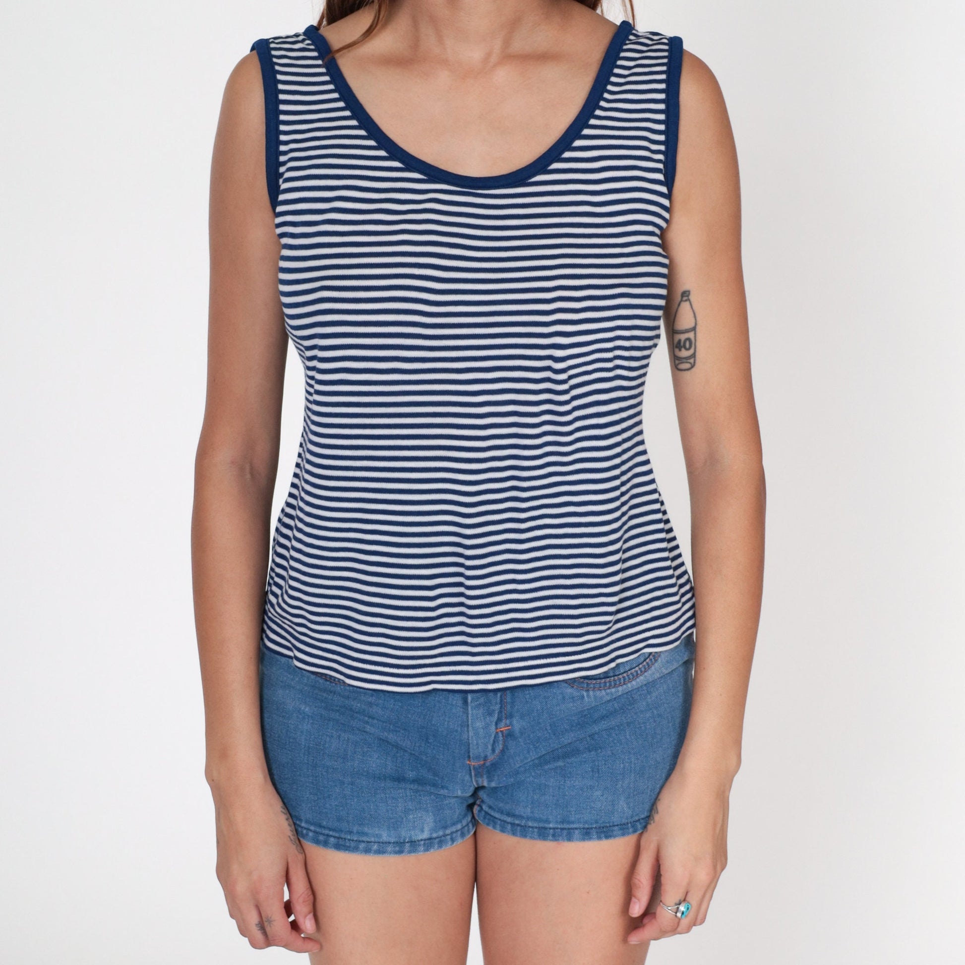 80s Intercontinental Knits Striped Tank Top Navy White Ringer Large