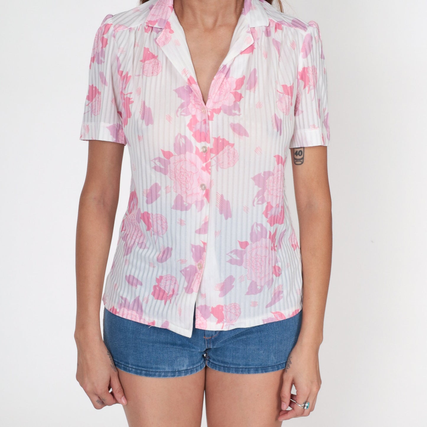 70s Graff Floral Button-Up Blouse White Puff Sleeve Small