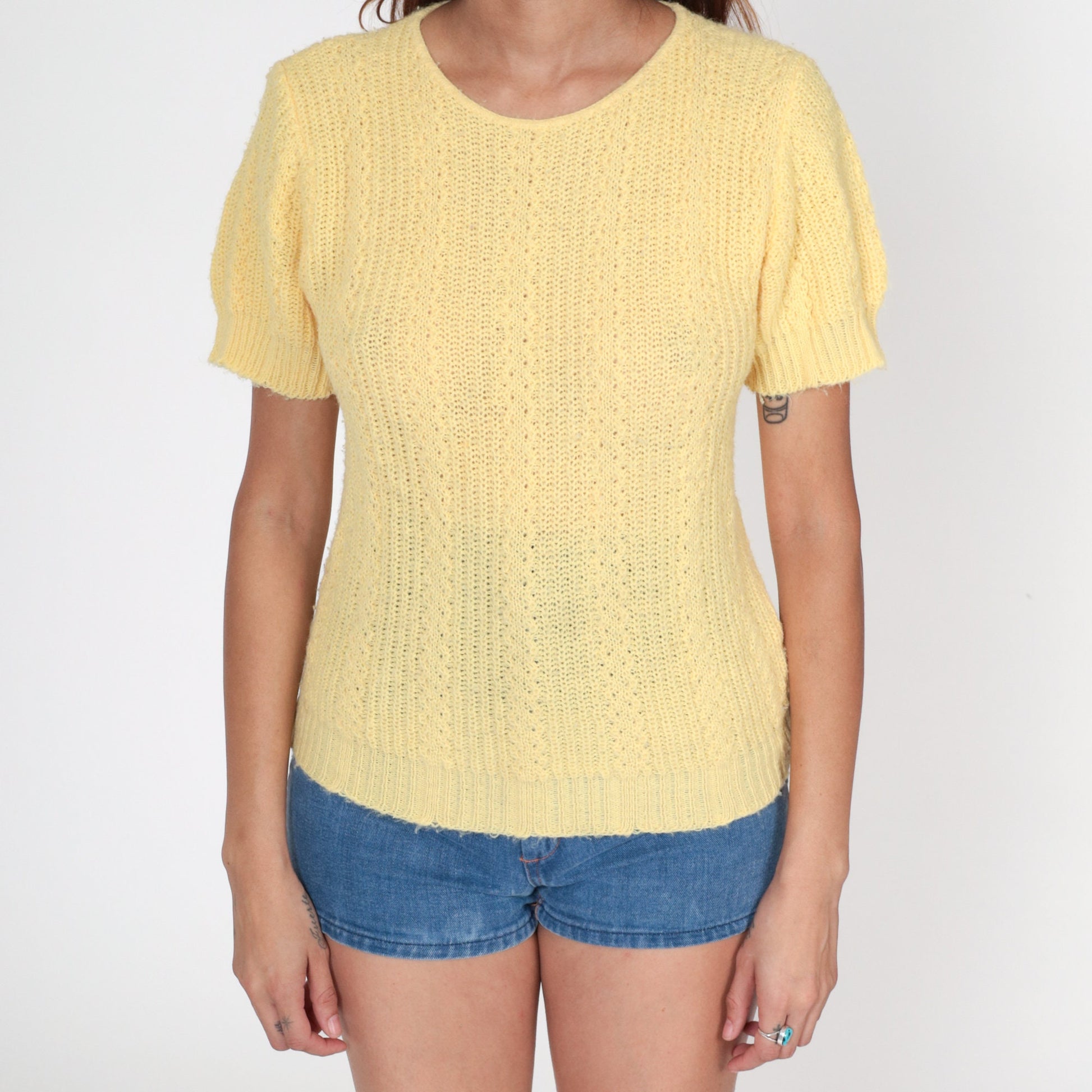80s Light Yellow Knit Short Sleeve Top Small S