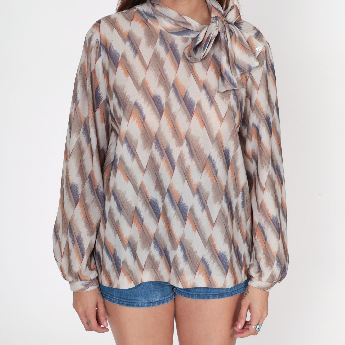 70s Checkered Ascot Blouse Taupe Orange Blue Long Sleeve Neck Tie Top Large L
