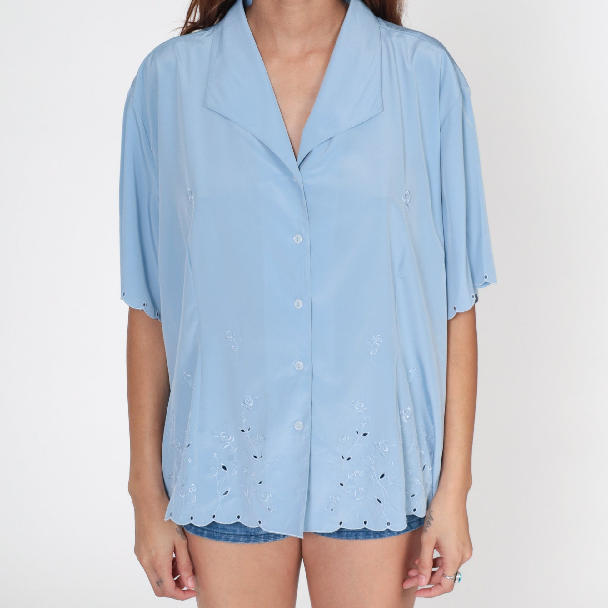 80s Baby Blue Floral Embroidered Blouse Eyelet Cutout Button Up Short Sleeve Extra Extra Large XXL
