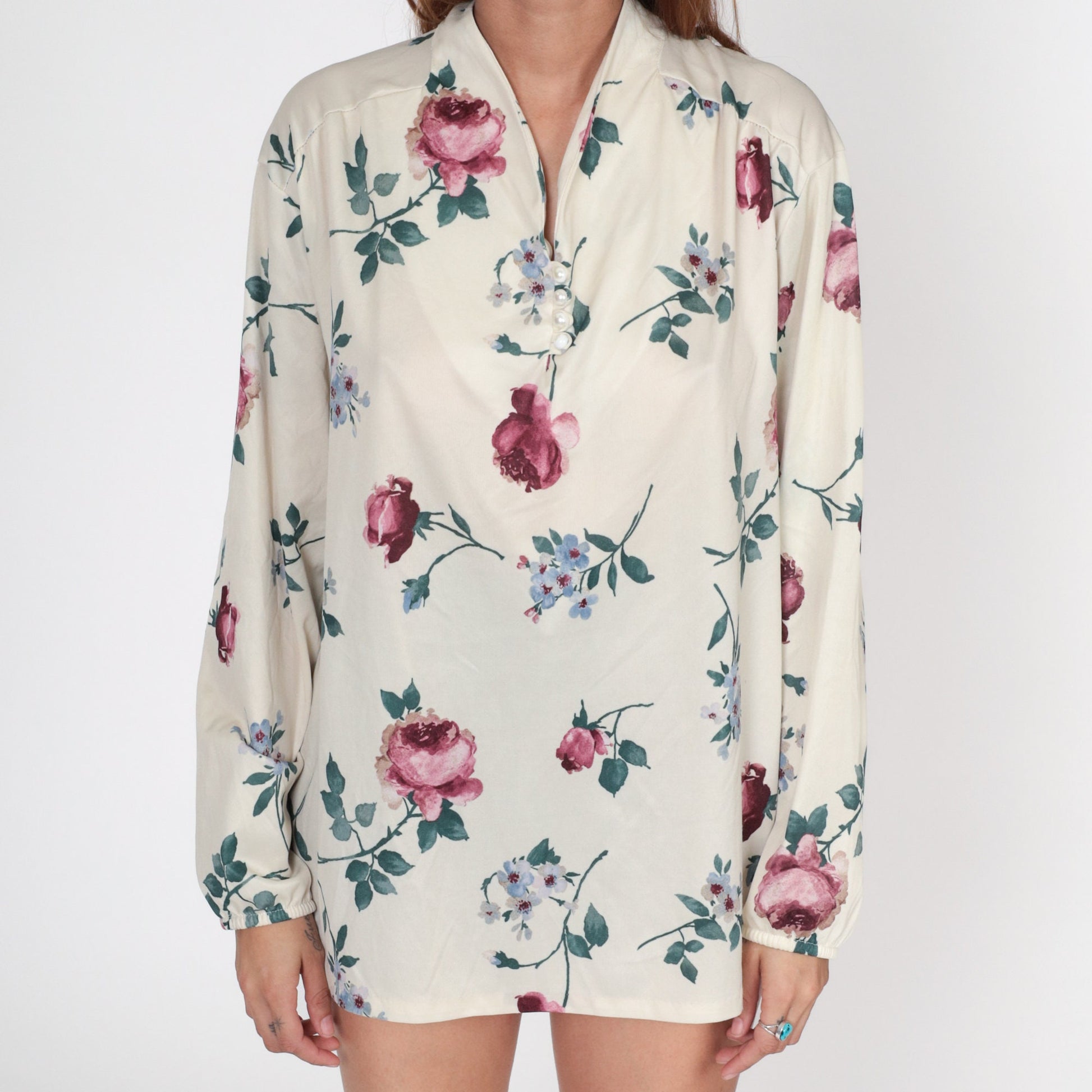 70s Floral Button-Up Blouse Cream Long Sleeve Shirt Plus Size XXL