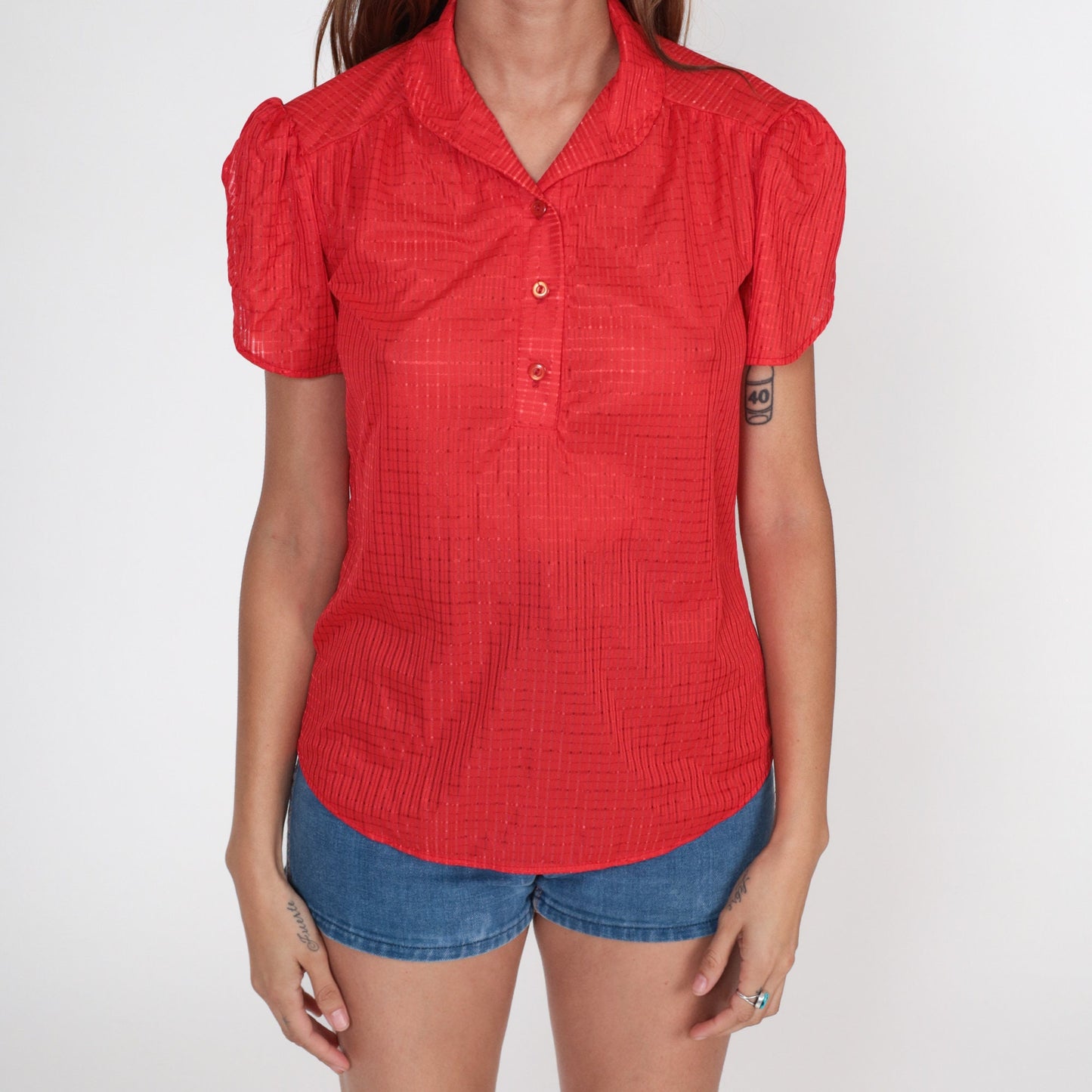 70s Red Checkered Puff Sleeve Button-Up Blouse Sheer Medium