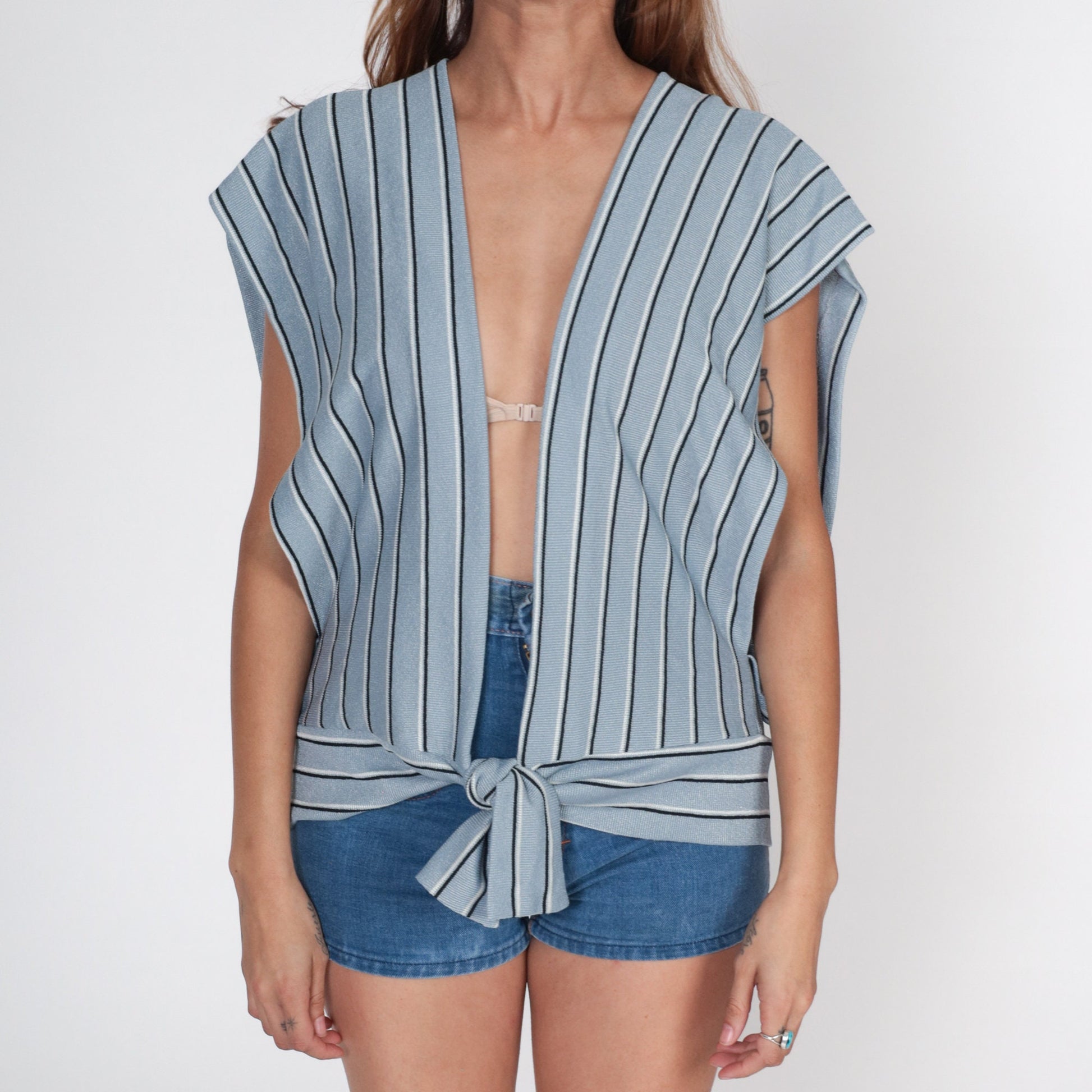 70s Grey Striped Knit Vest Open Front Tie Waist Cap Sleeve Large