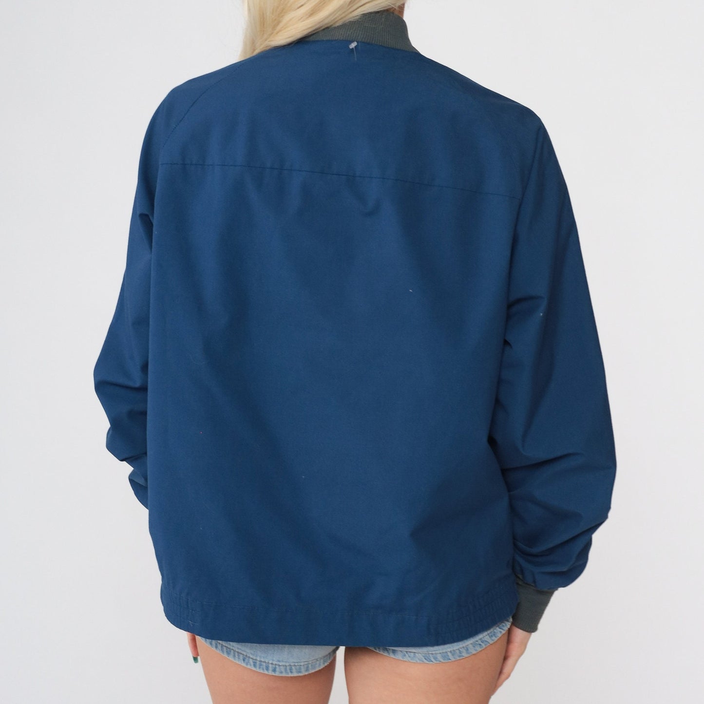 80s Dark Blue Windbreaker Jacket Grey Knit Cuffs Cotton Blend Small Medium