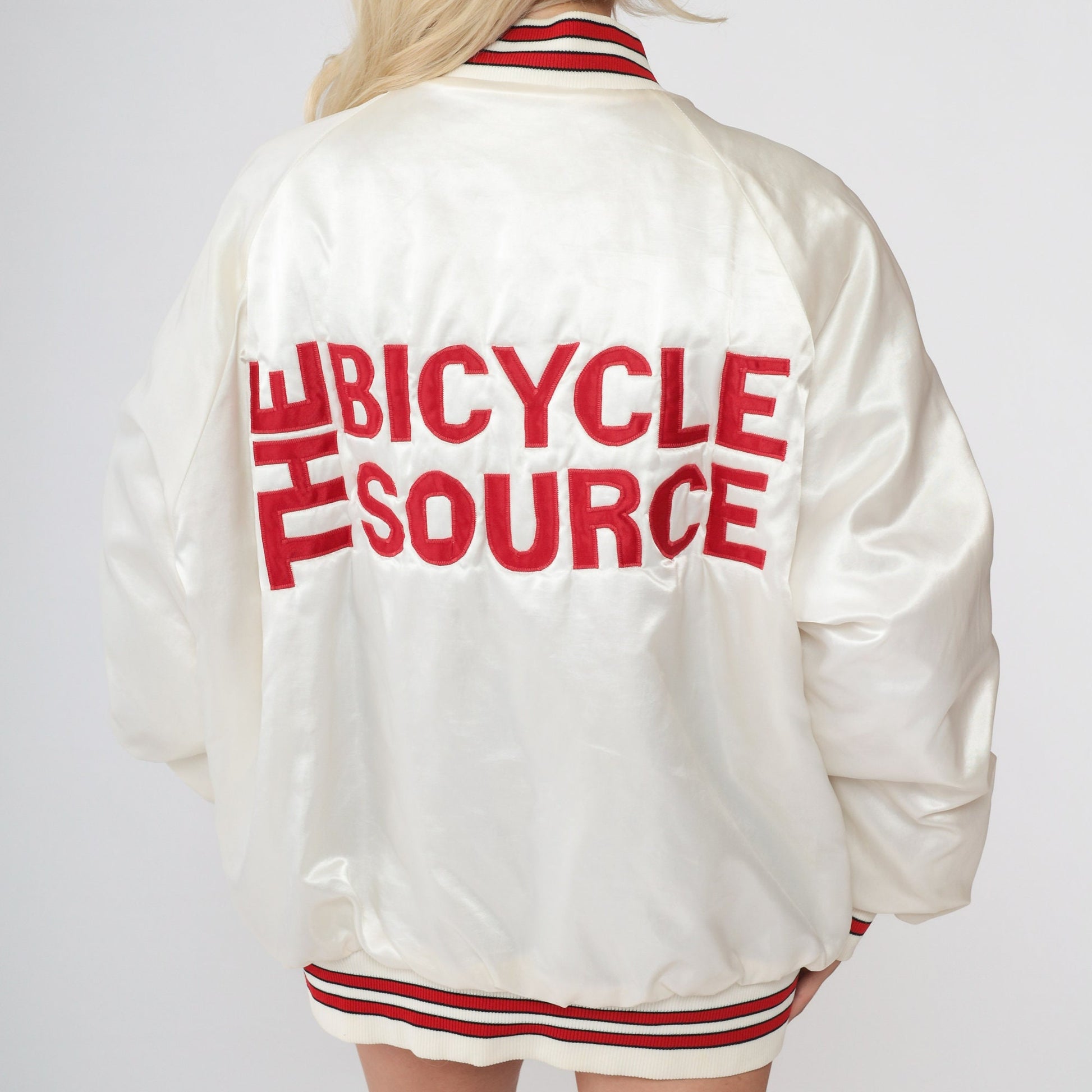 80s The Bicycle Source Bomber Jacket White Nylon Staff Uniform Extra Large XL