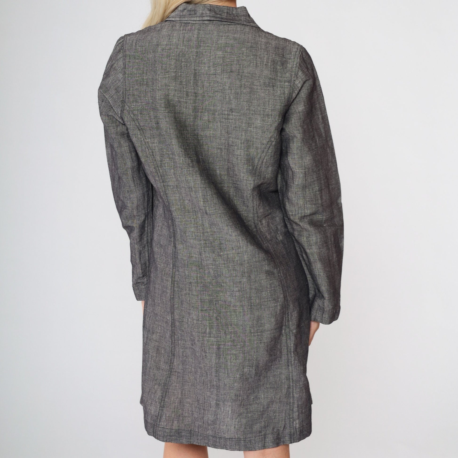 80s Grey Flecked Shirtdress Mini Collared Button-Up Cotton Linen Small