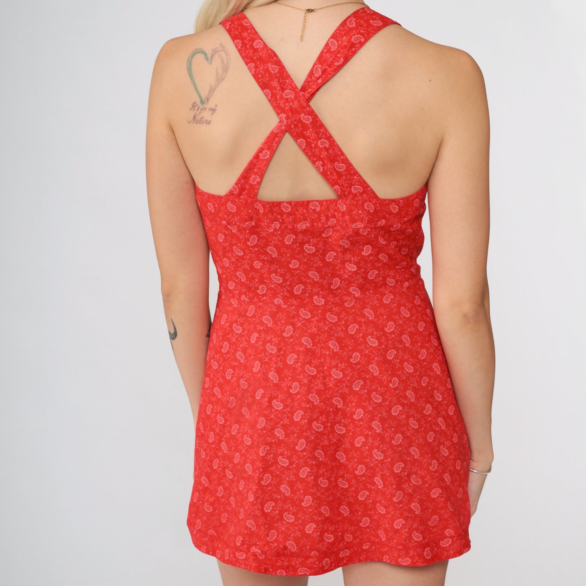 70s Red Paisley Micro Mini Sundress White Print Button Front XXS