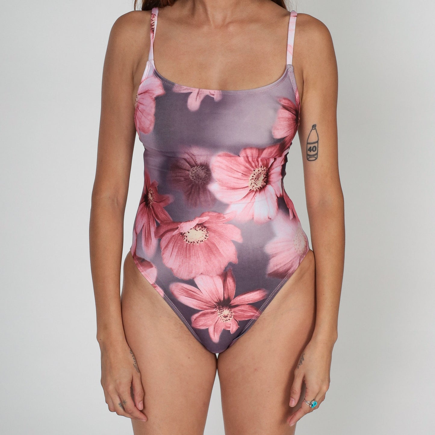 Y2K Purple Floral One-Piece Swimsuit Pink Daisy Cutout Open Back Small S