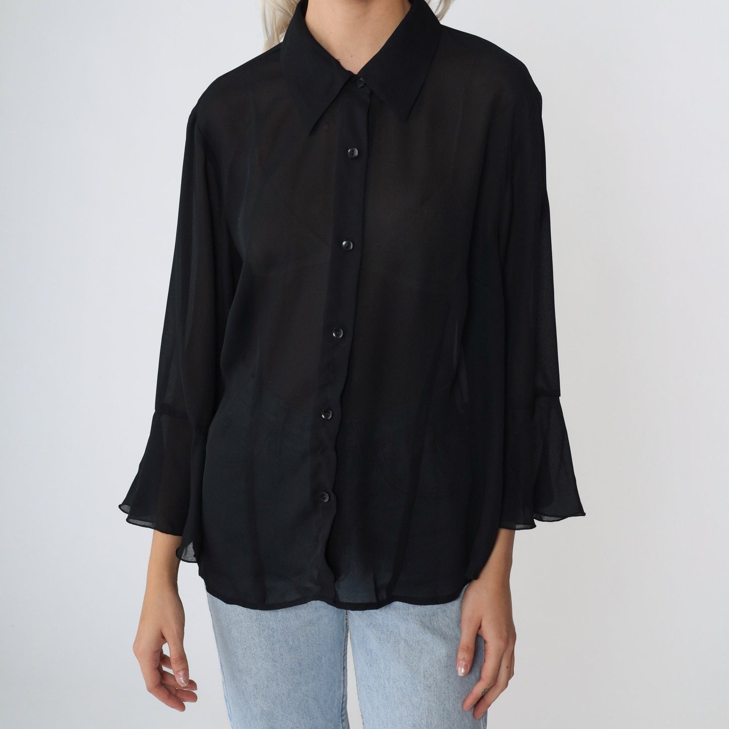 90s Black Sheer Button-Up Blouse Flounce Angel Bell Sleeve Large