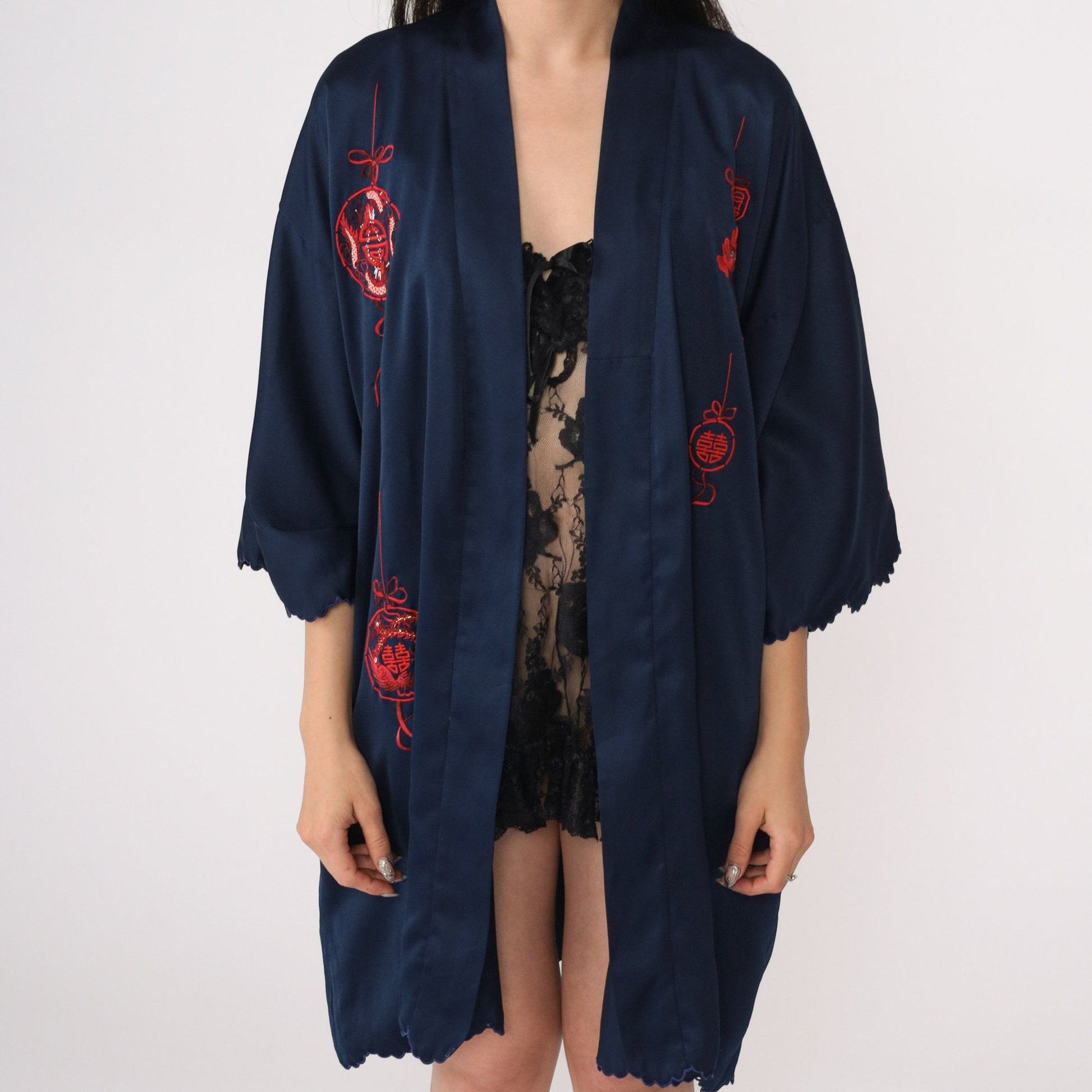 80s Navy Kimono Robe Embroidered Dragon Peacock Fish Jacket Small Medium