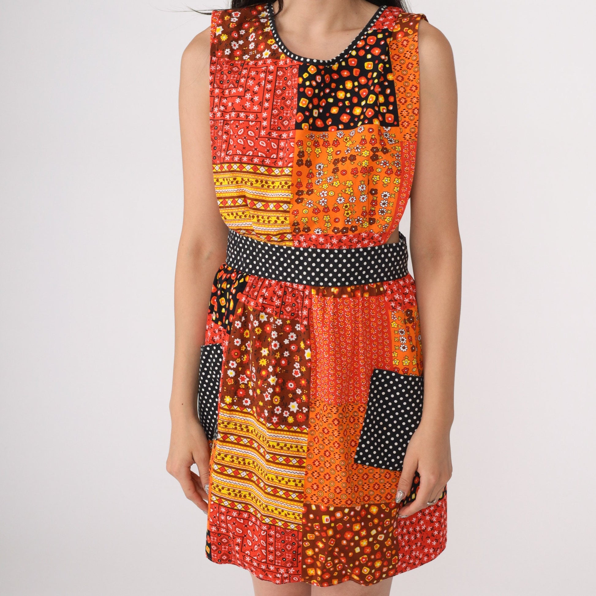 70s Patchwork Floral Apron Dress Orange Mini Sleeveless High Waist Small