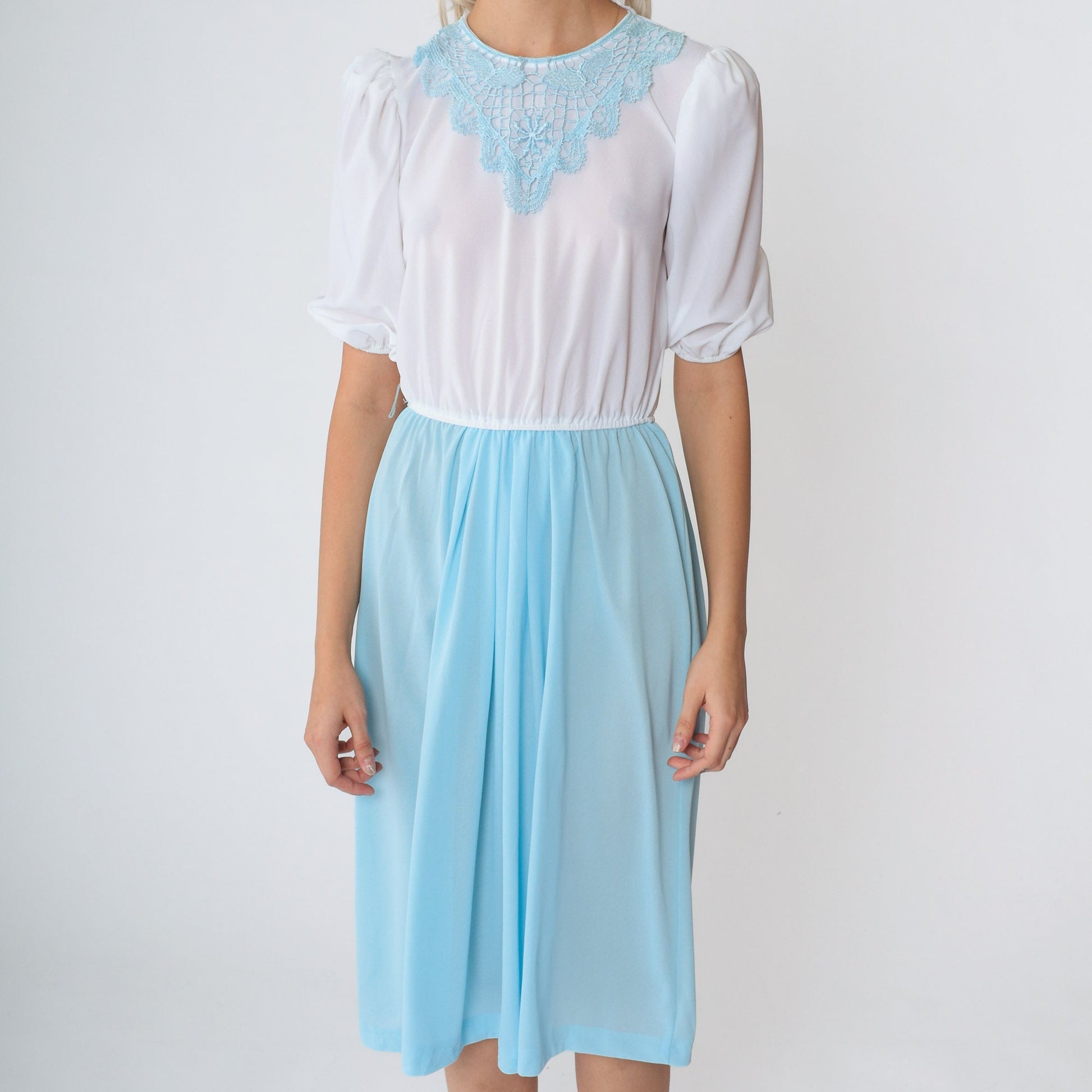 70s Puff Sleeve Midi Dress White Blue Floral Applique High Waist Small
