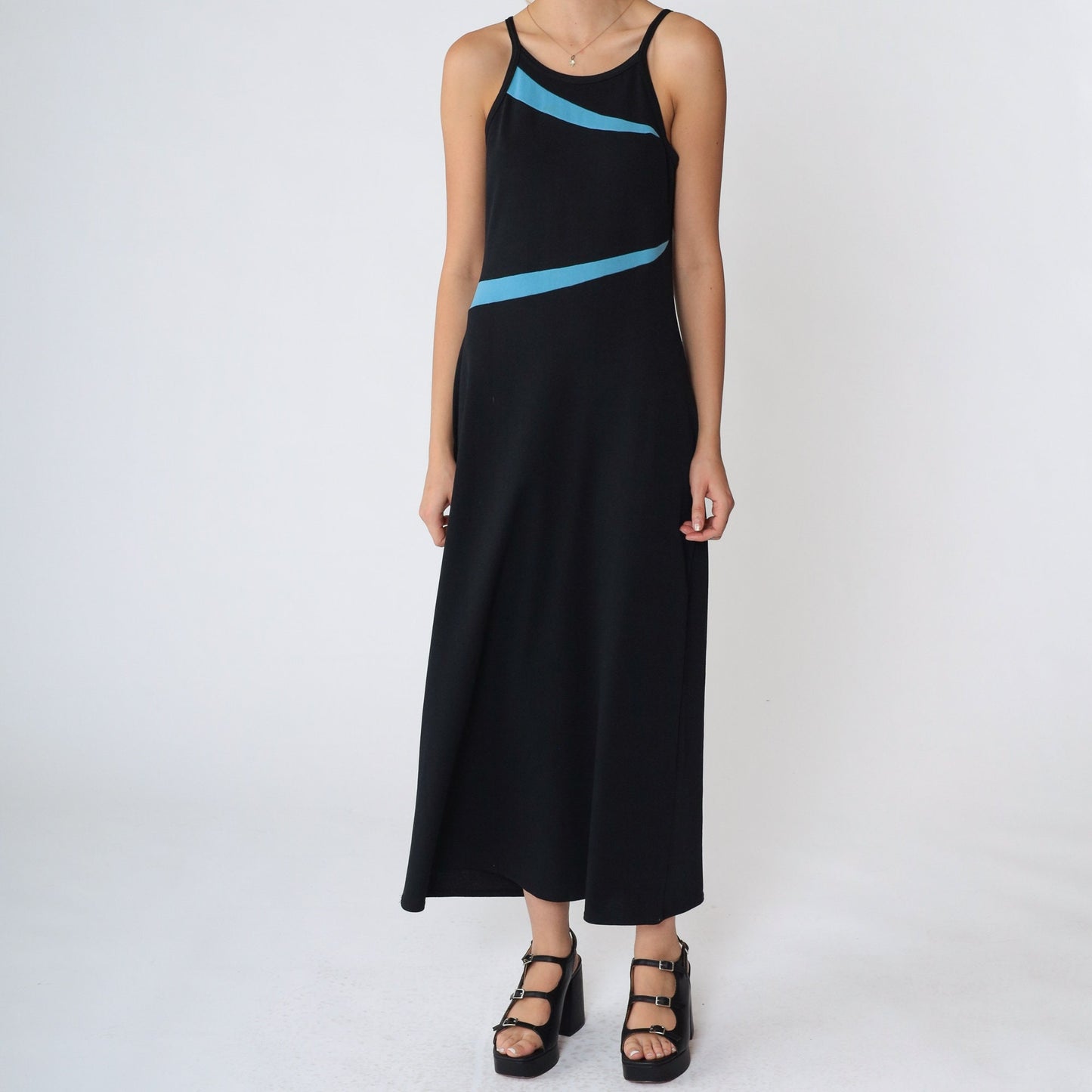 90s Black Maxi Dress Blue Asymmetrical Stripes High Neck Sleeveless Small