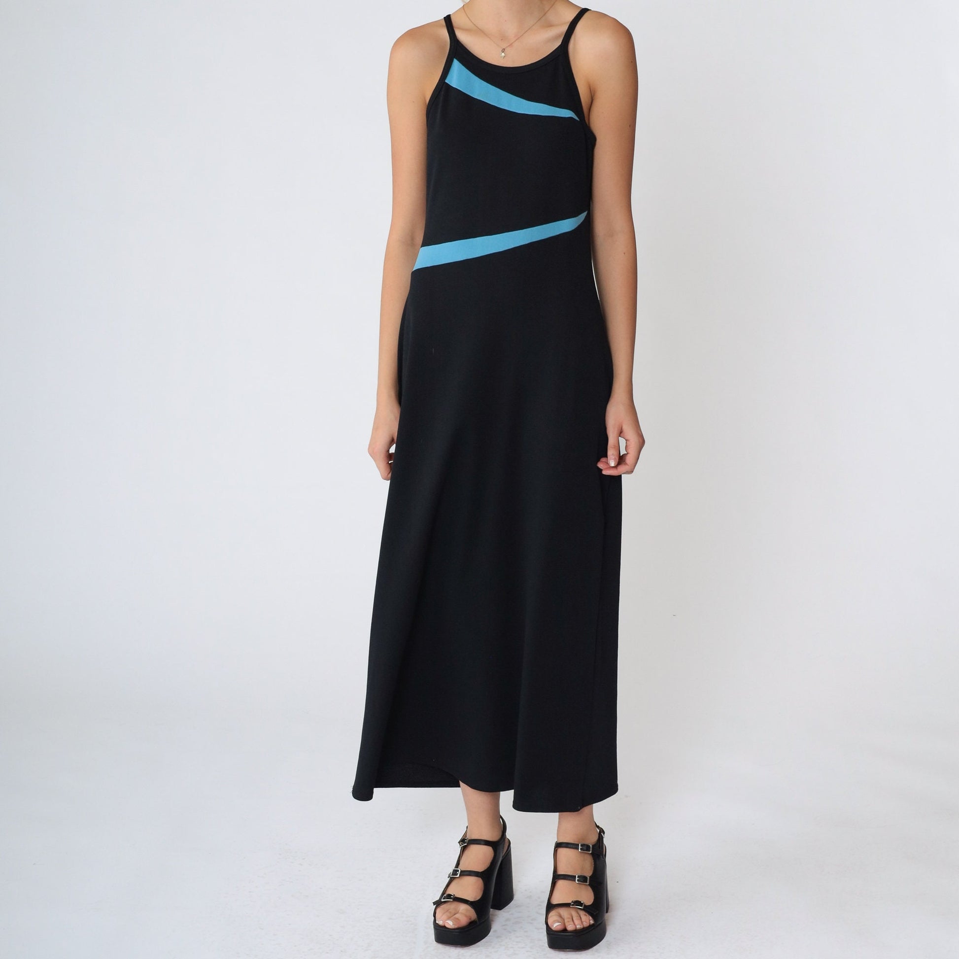 90s Black Maxi Dress Blue Asymmetrical Stripes High Neck Sleeveless Small