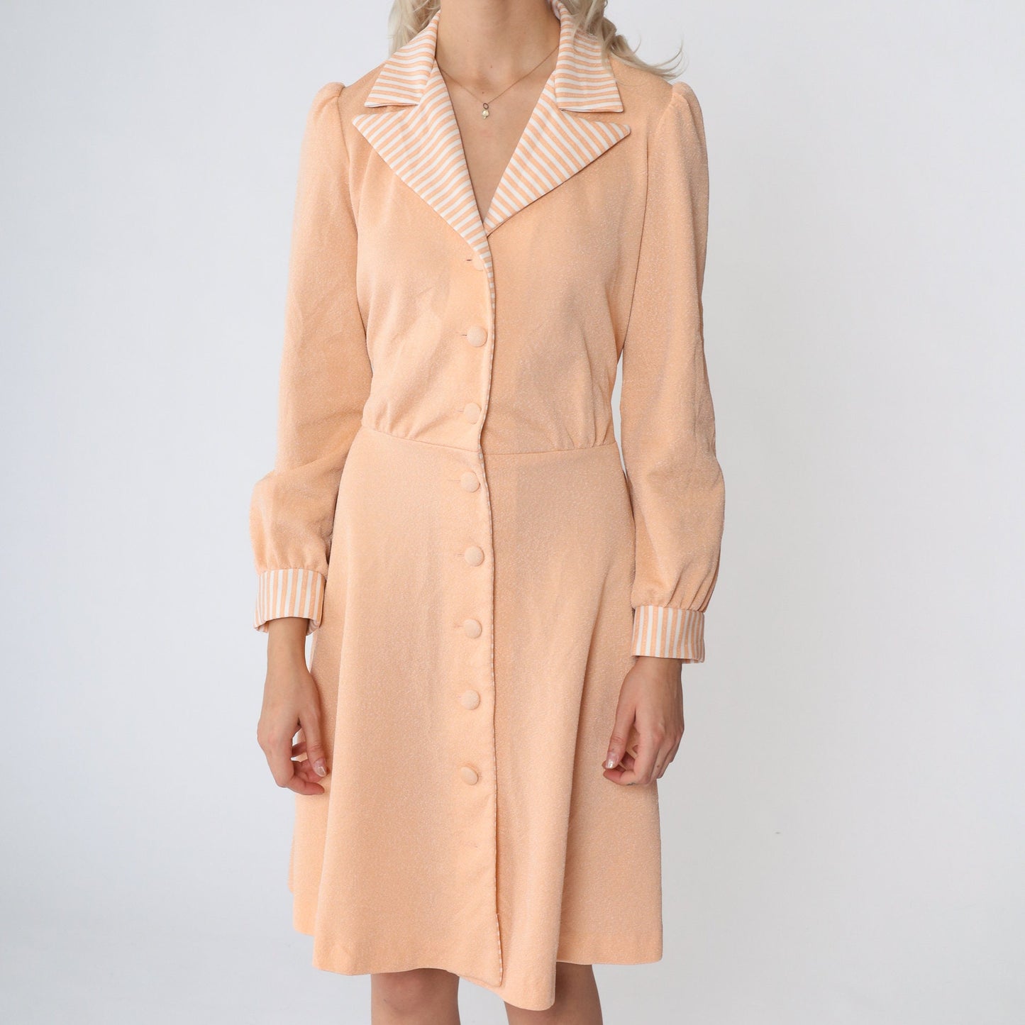 70s Peach Mini Shirtdress Puff Sleeve Striped Collar Button-Up Small