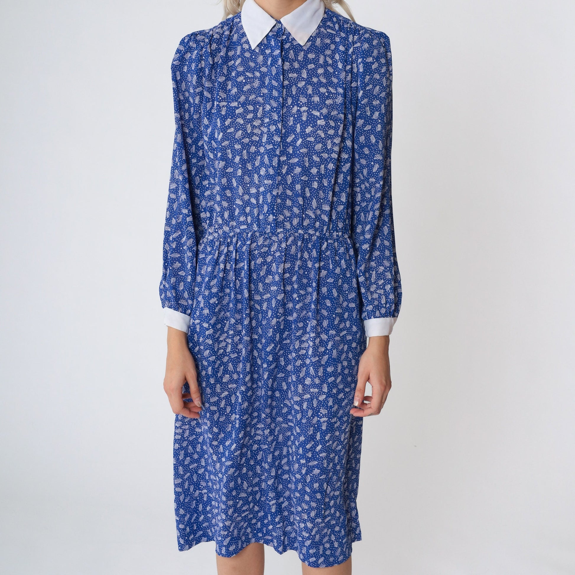 80s Blue Midi Dress Puff Sleeve White Collar Ditsy Dot Print High Waisted Small