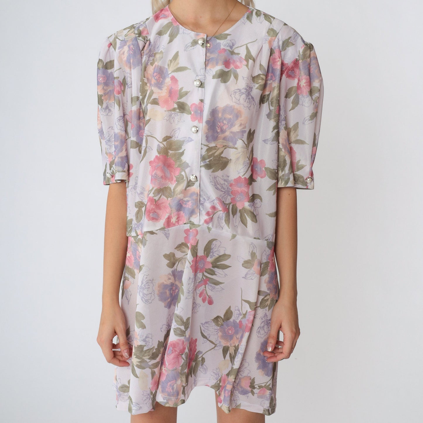 80s California Looks Floral Mini Dress Puff Sleeve High Waisted Plus Size XXL