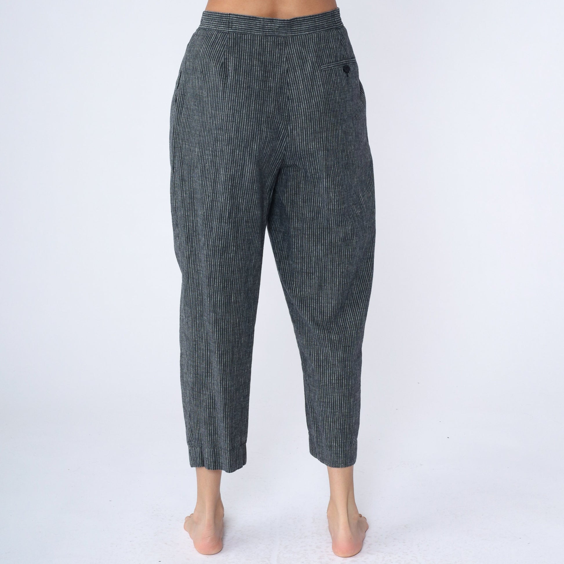 80s Grey Pinstripe High-Rise Trousers Pleated Straight Leg Medium
