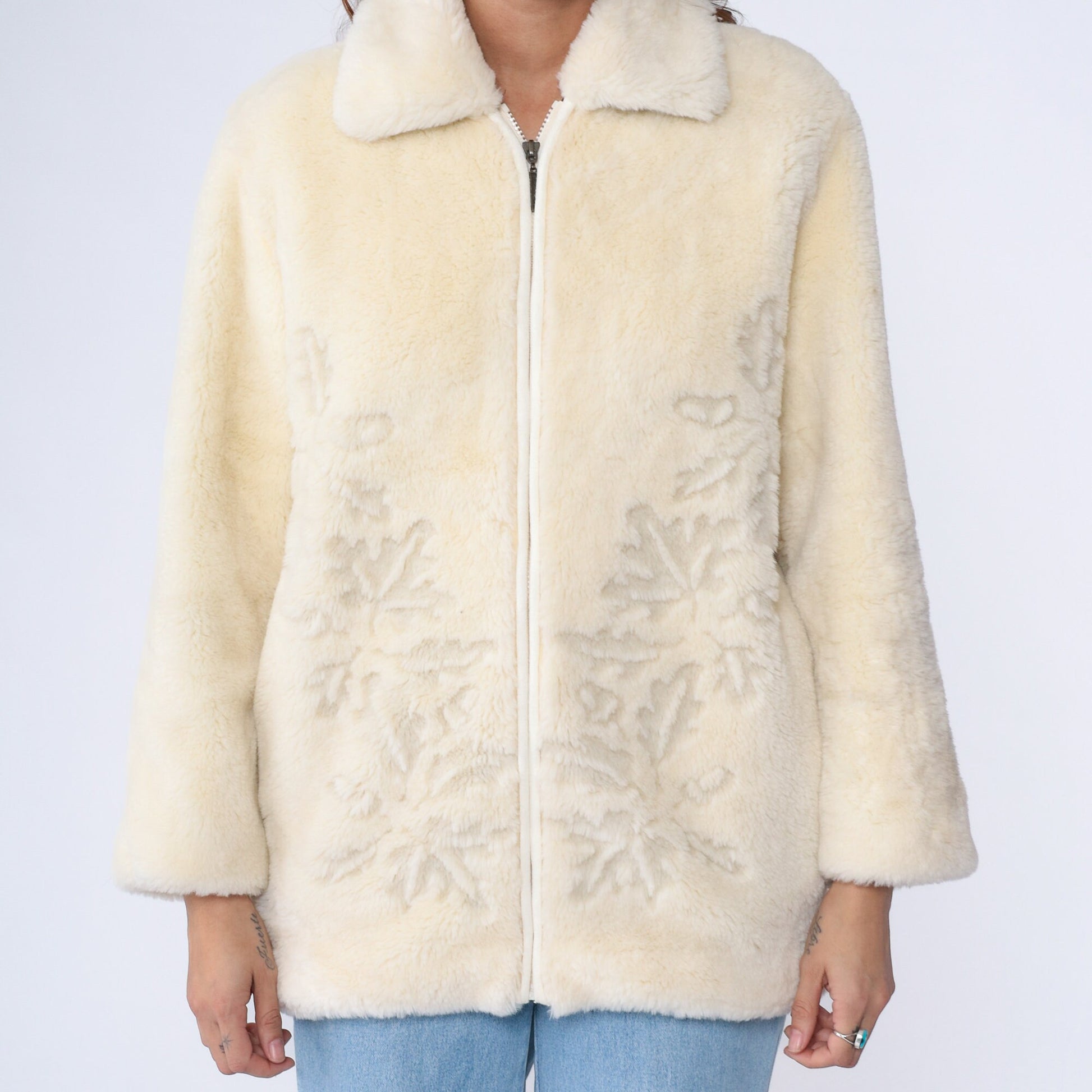 00s Cream Faux Fur Jacket Leaf Print Zip-Up Medium