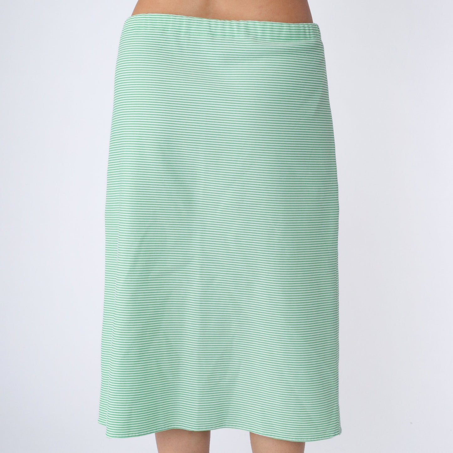 70s Striped Midi Skirt Green White High Waist Straight Polyester Large L