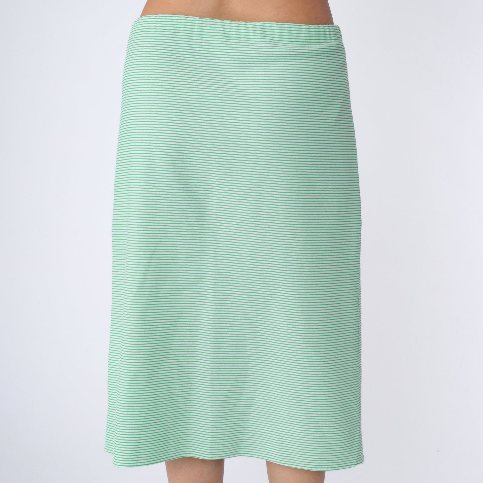 70s Striped Midi Skirt Green White High Waist Straight Polyester Large L