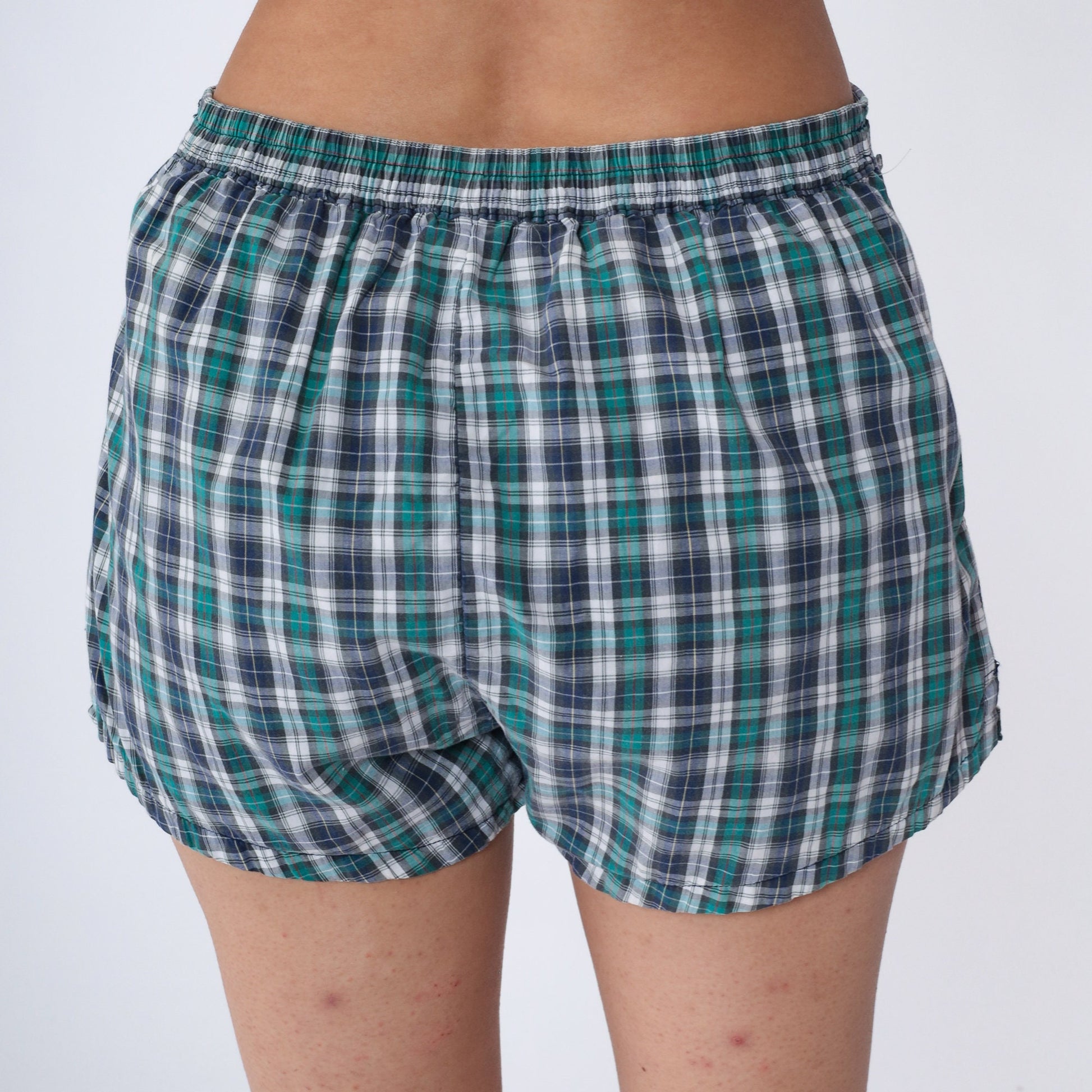 80s LL Bean Plaid Swim Shorts High Waisted Blue Green White Medium