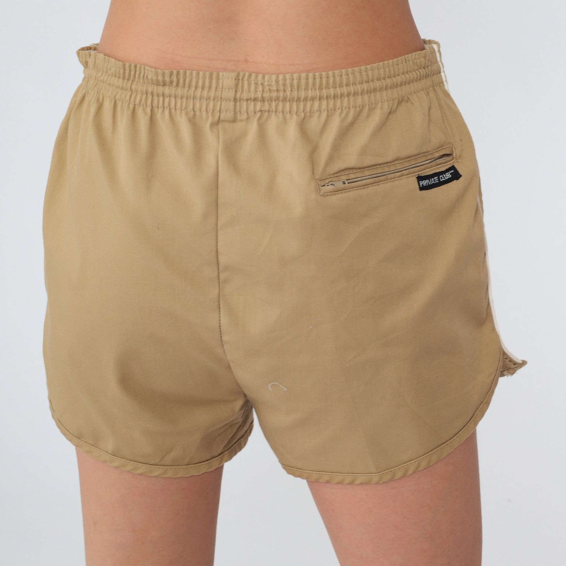 80s Tan Running Shorts White Ringer Trim Mid Rise Cotton Medium