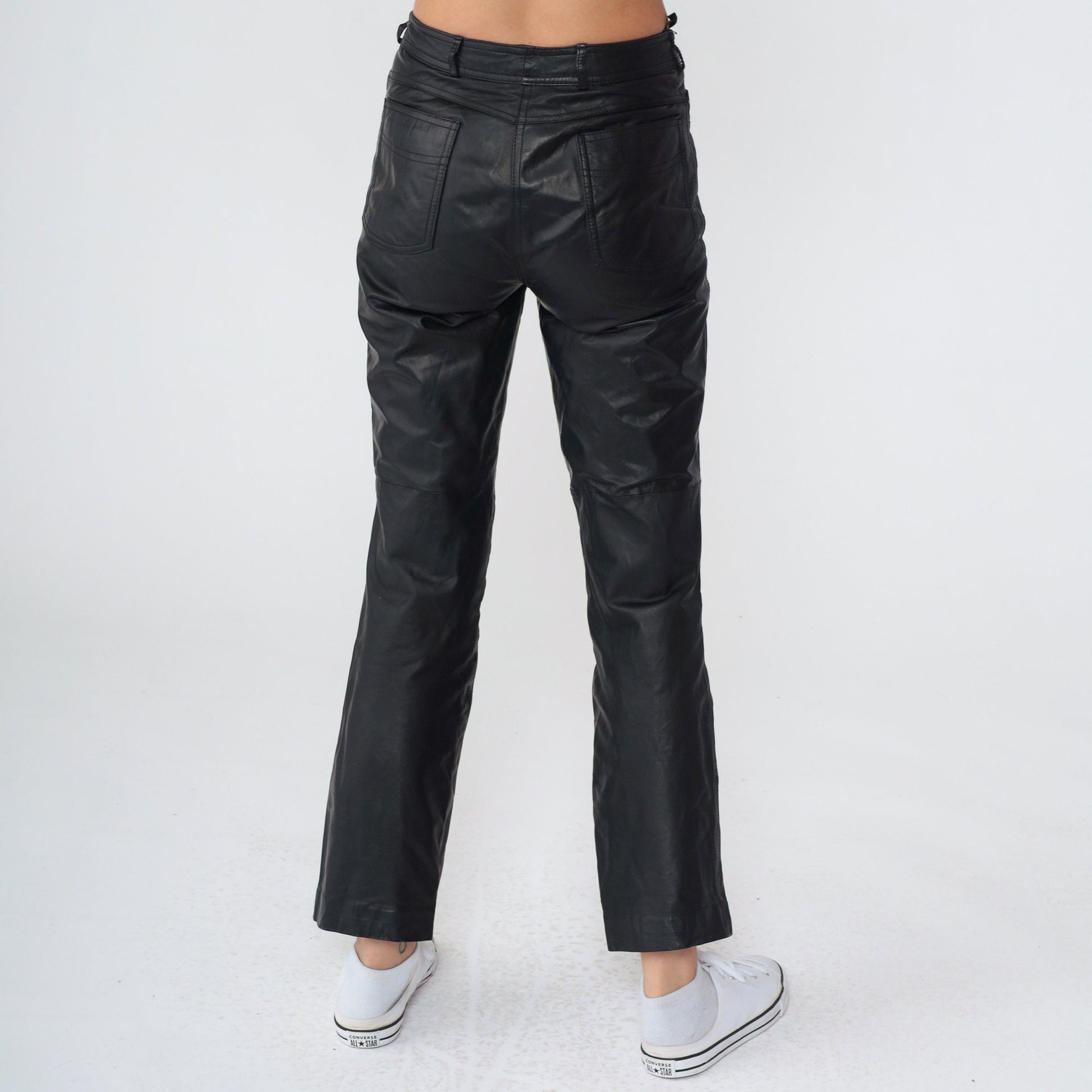 80s Black Leather Pants Straight Leg Ankle Punk Trousers Extra Small
