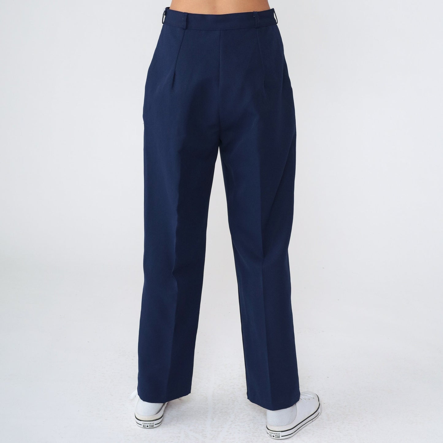70s Navy Pleated High-Waist Tapered Trousers Small