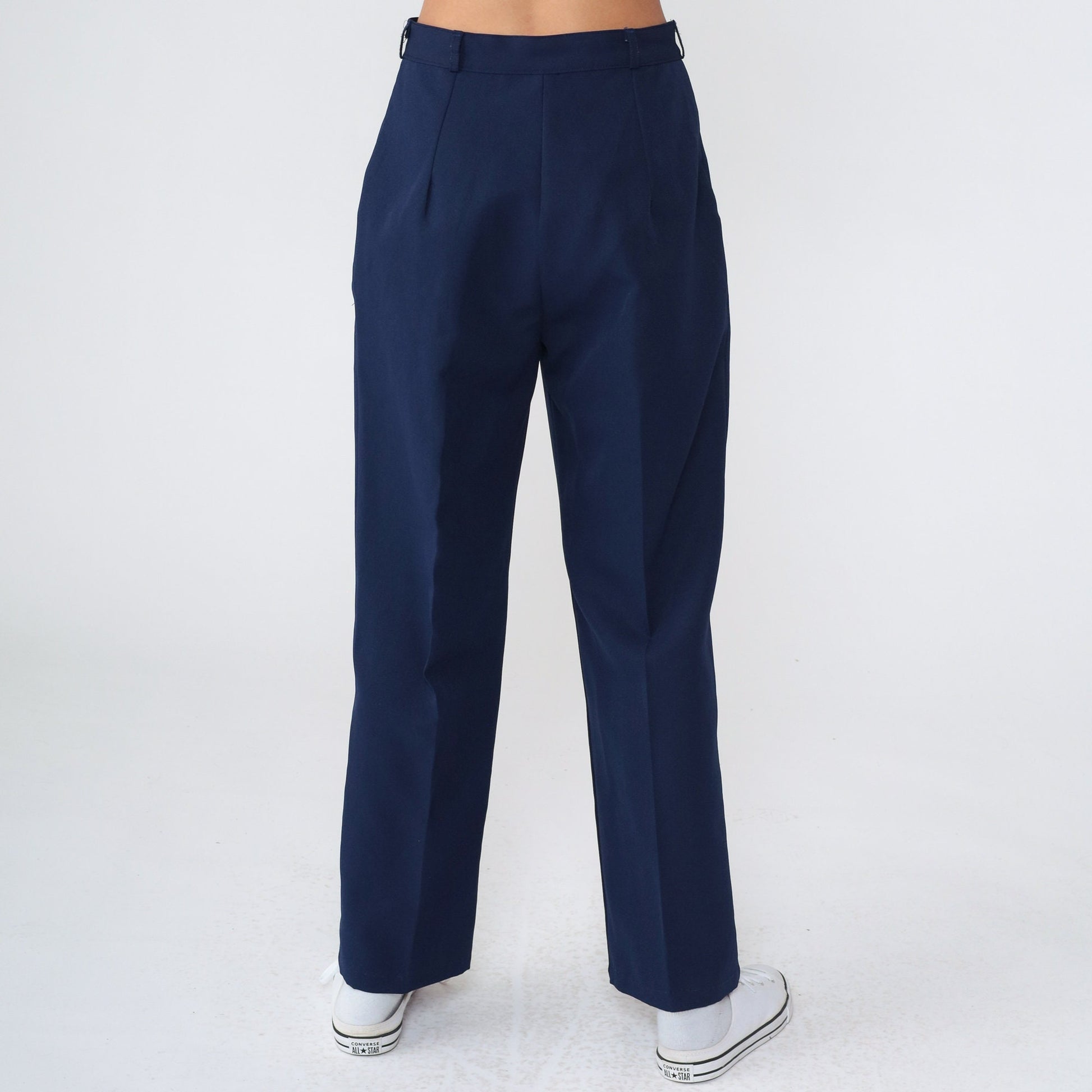 70s Navy Pleated High-Waist Tapered Trousers Small