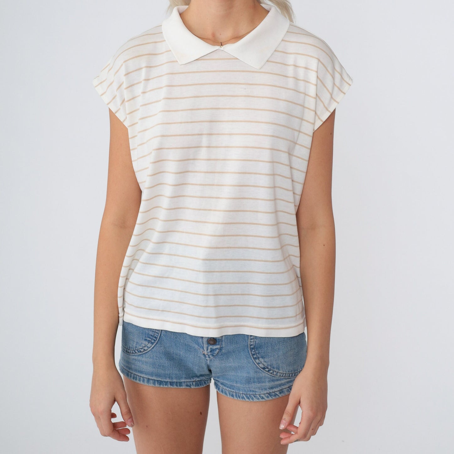 90s Striped Collared Blouse White Tan Cap Sleeve Preppy Top Medium